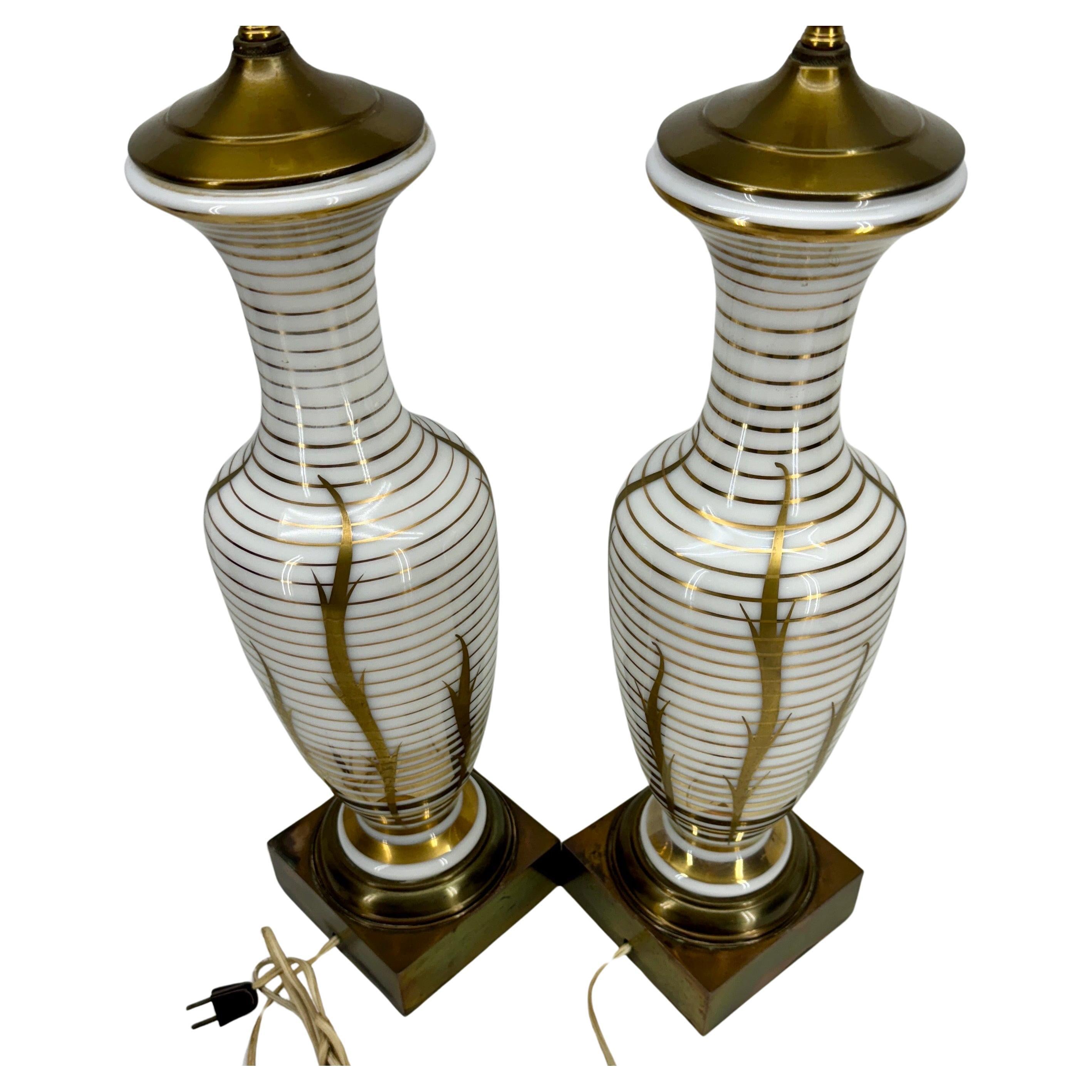 Pair of Mid-Century White Opaline Gold Decorated Table Lamps For Sale 2