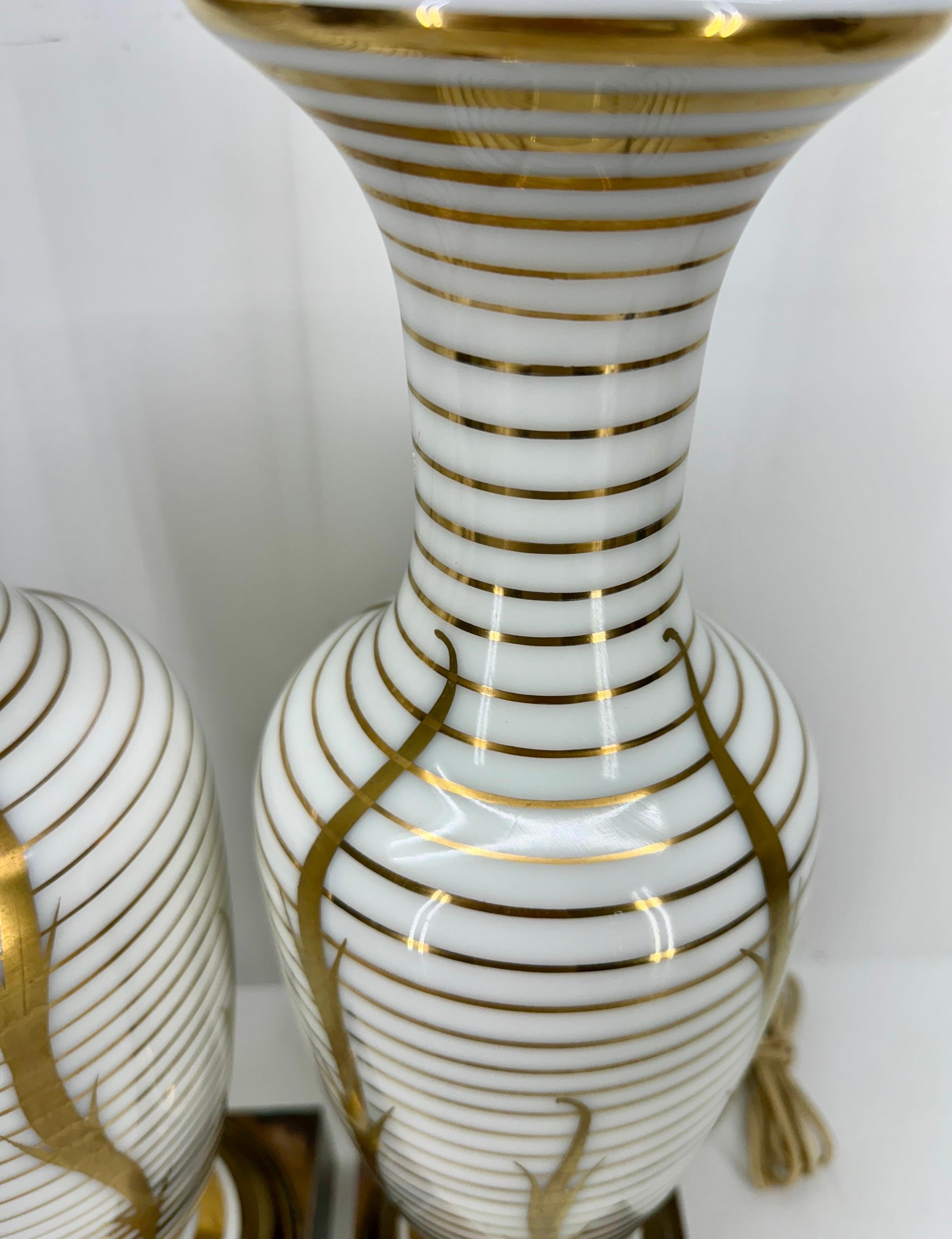 Pair of Mid-Century White Opaline Gold Decorated Table Lamps For Sale 3