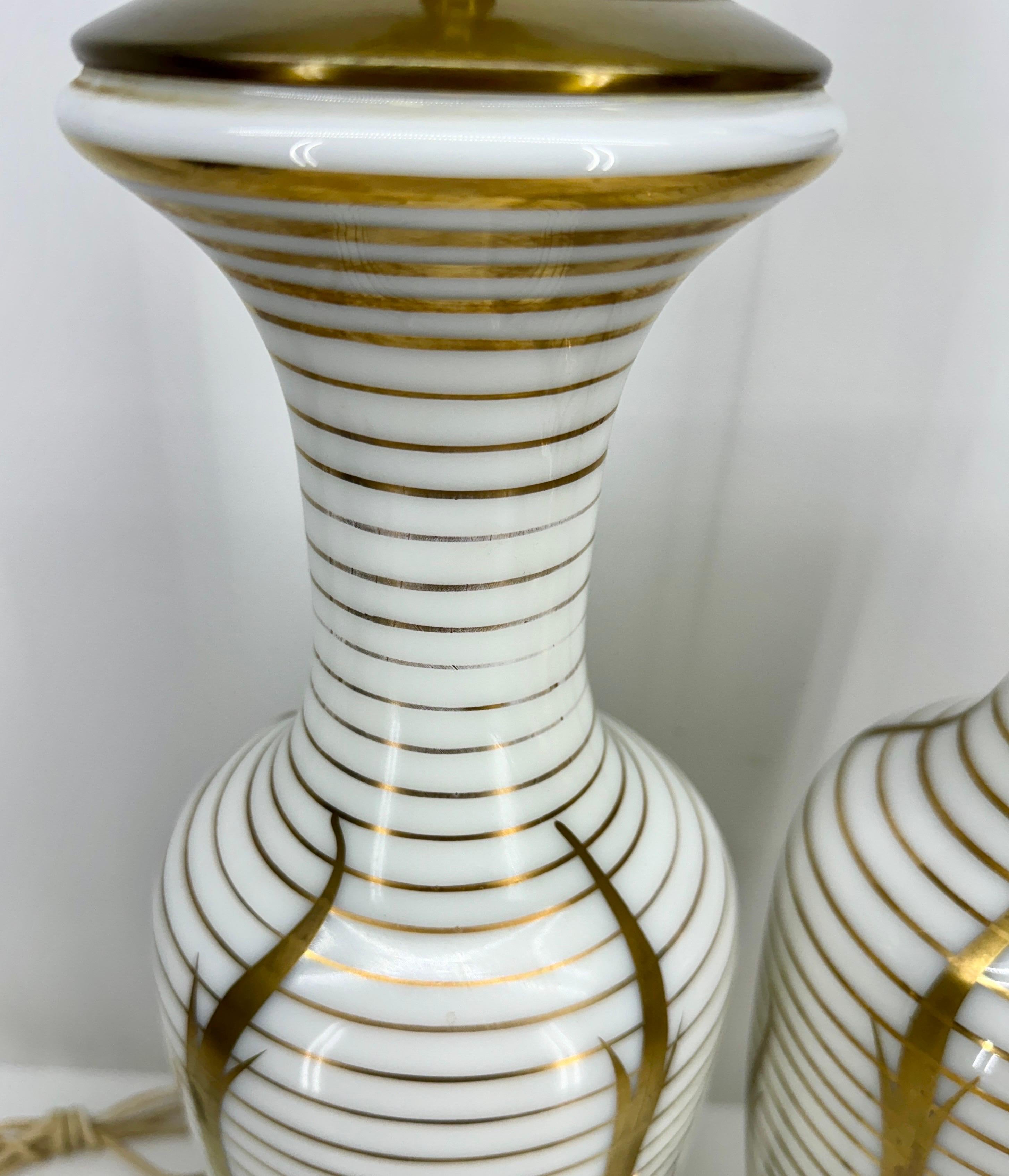Pair of Mid-Century White Opaline Gold Decorated Table Lamps For Sale 4