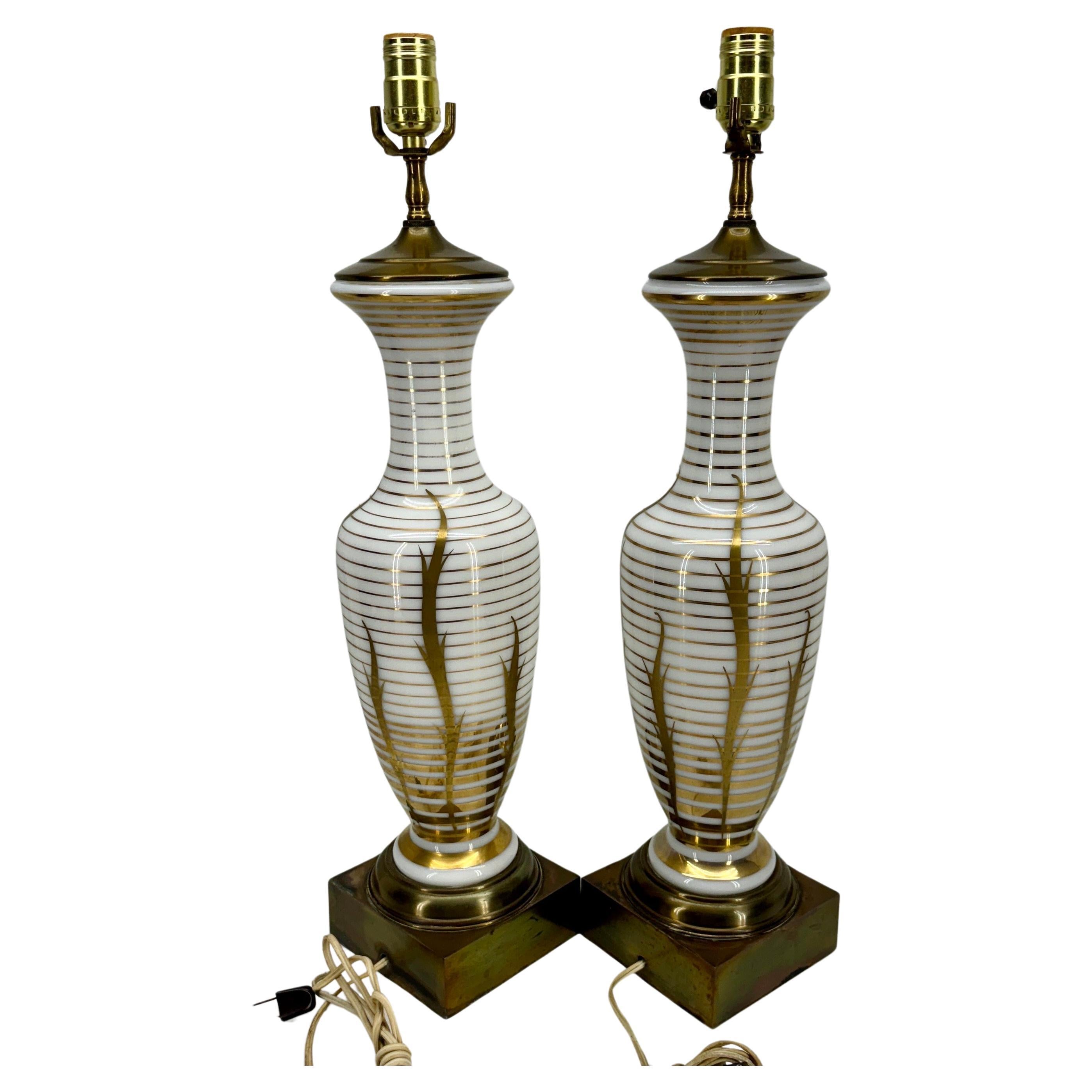 Mid-Century Modern Pair of Mid-Century White Opaline Gold Decorated Table Lamps For Sale