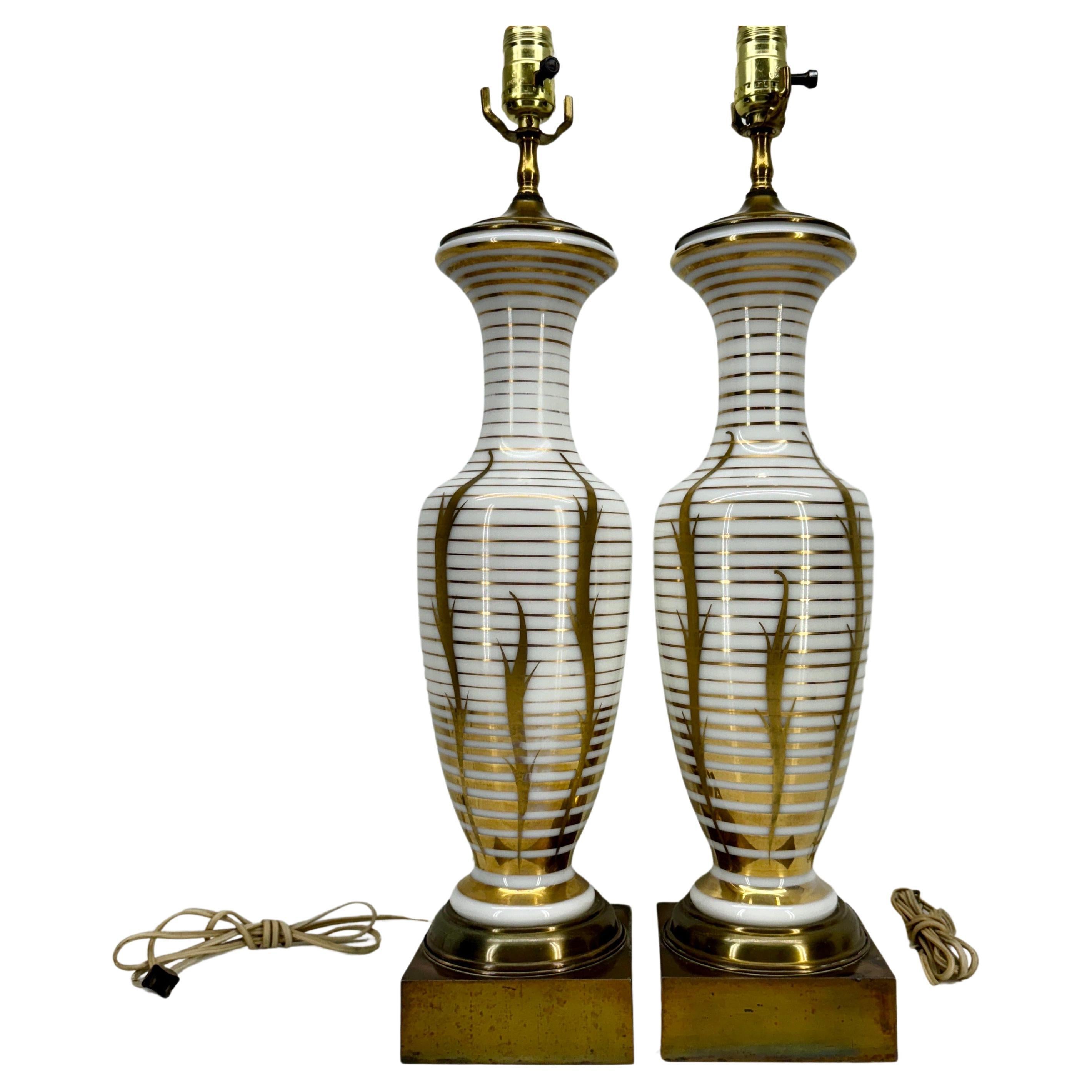 American Pair of Mid-Century White Opaline Gold Decorated Table Lamps For Sale