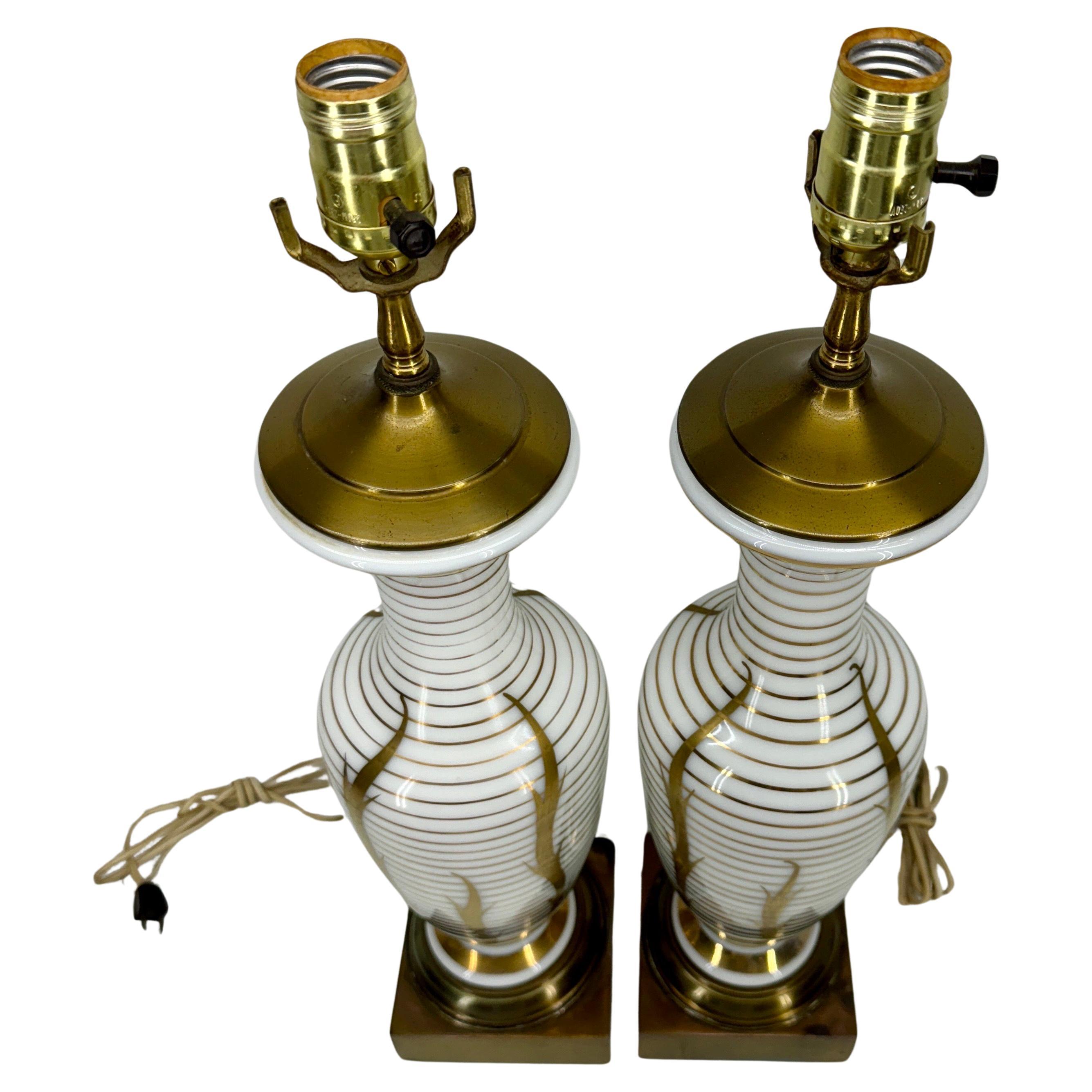 Hand-Crafted Pair of Mid-Century White Opaline Gold Decorated Table Lamps For Sale