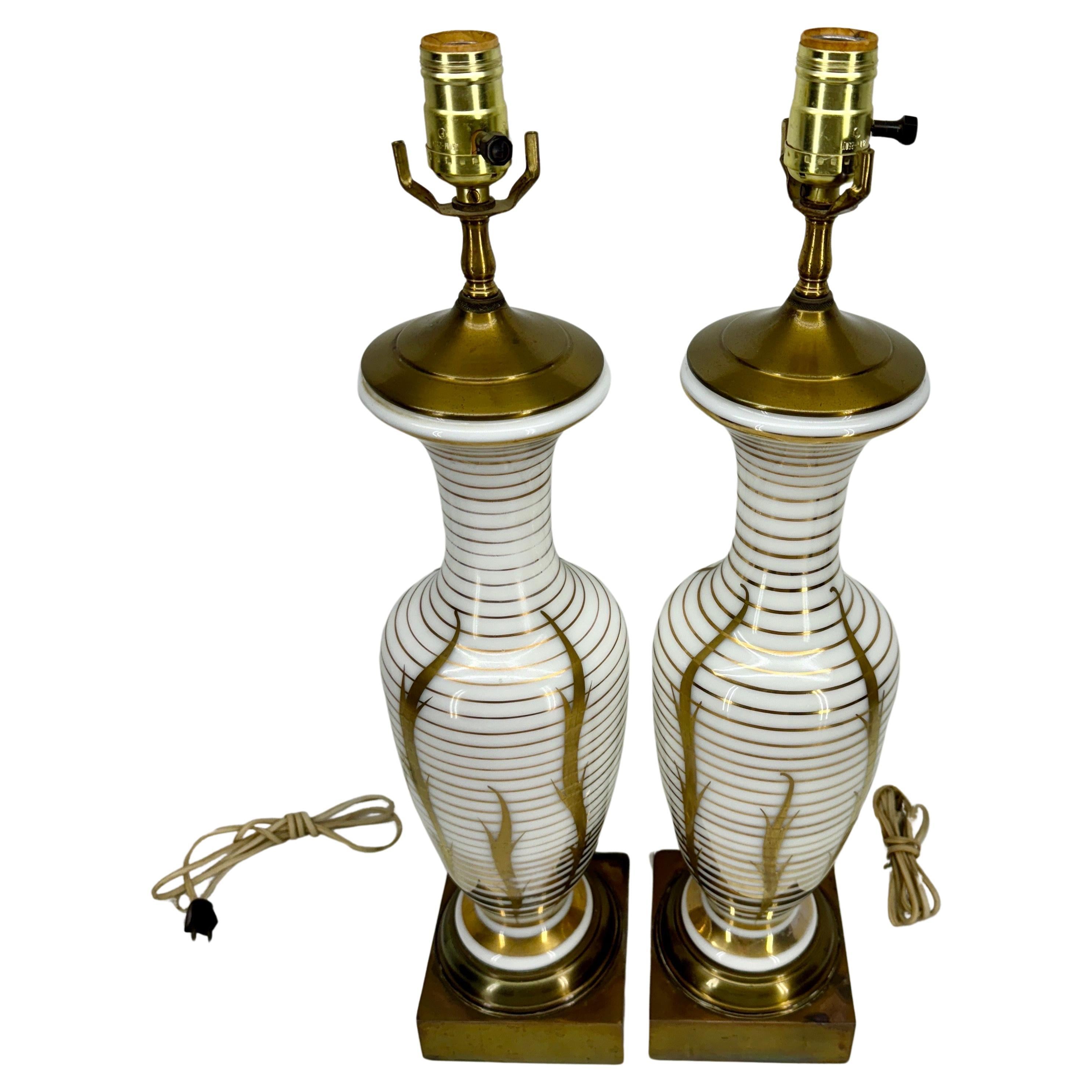Pair of Mid-Century White Opaline Gold Decorated Table Lamps In Good Condition For Sale In Haddonfield, NJ