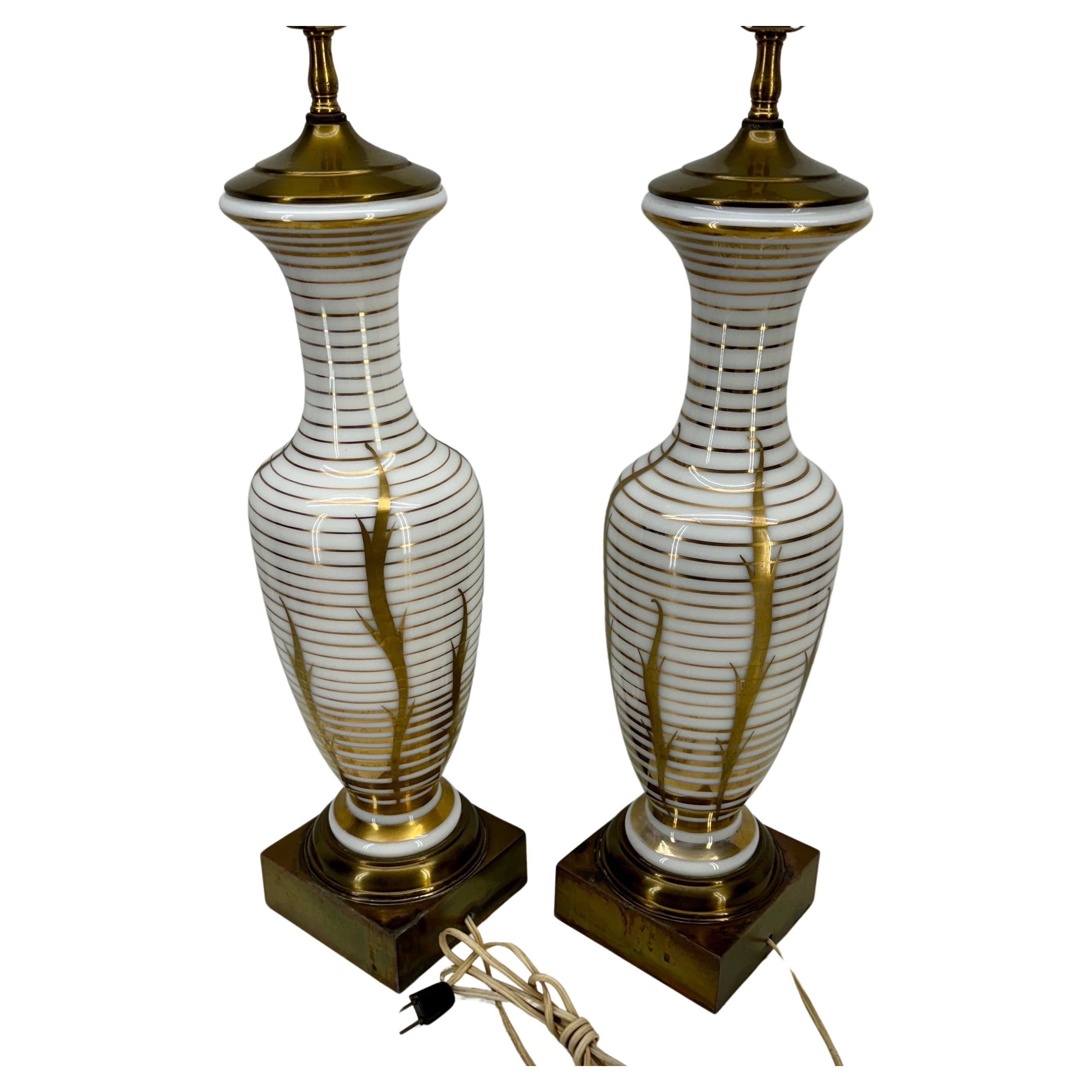 20th Century Pair of Mid-Century White Opaline Gold Decorated Table Lamps For Sale