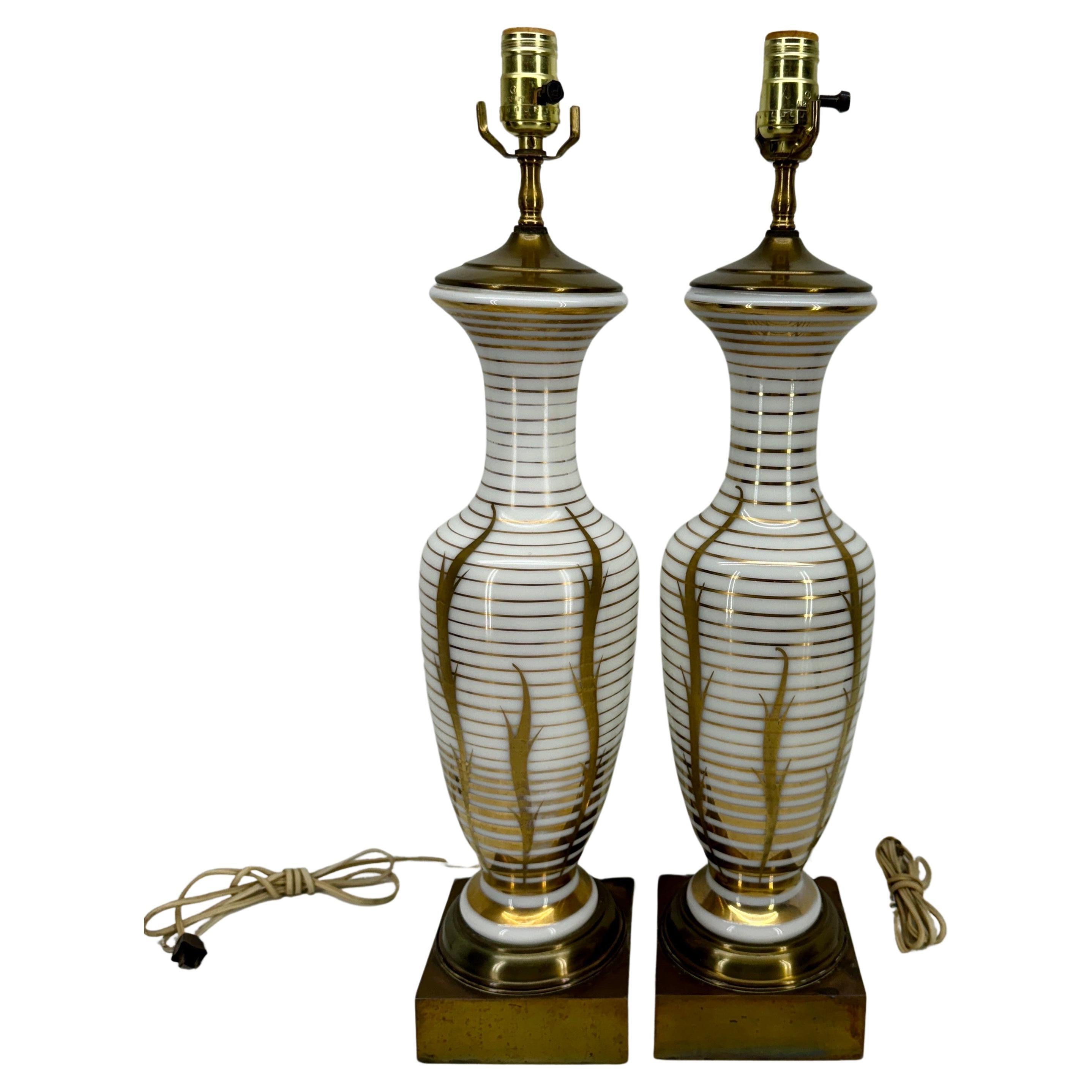 Gold Leaf Pair of Mid-Century White Opaline Gold Decorated Table Lamps For Sale