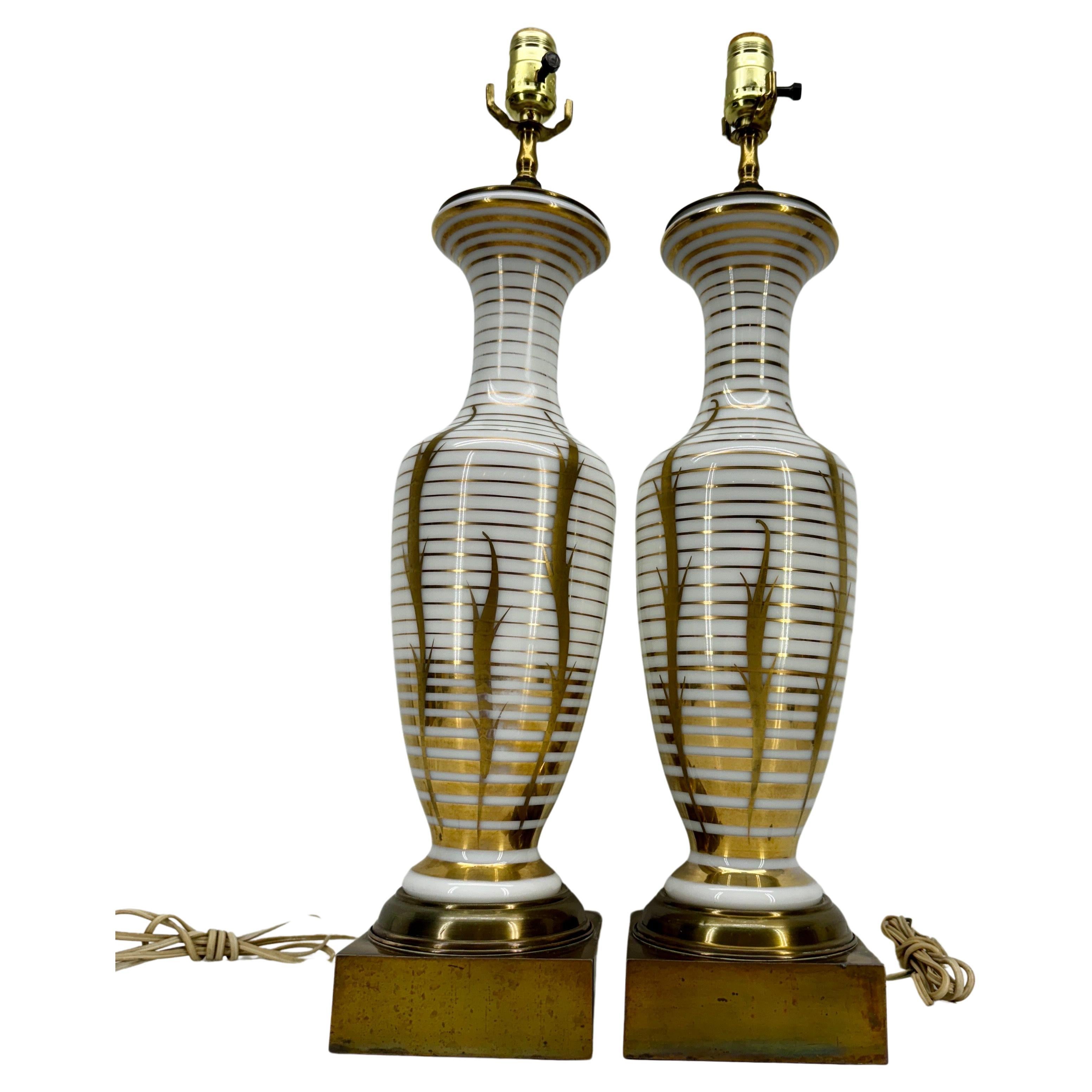 Pair of Mid-Century White Opaline Gold Decorated Table Lamps For Sale 1