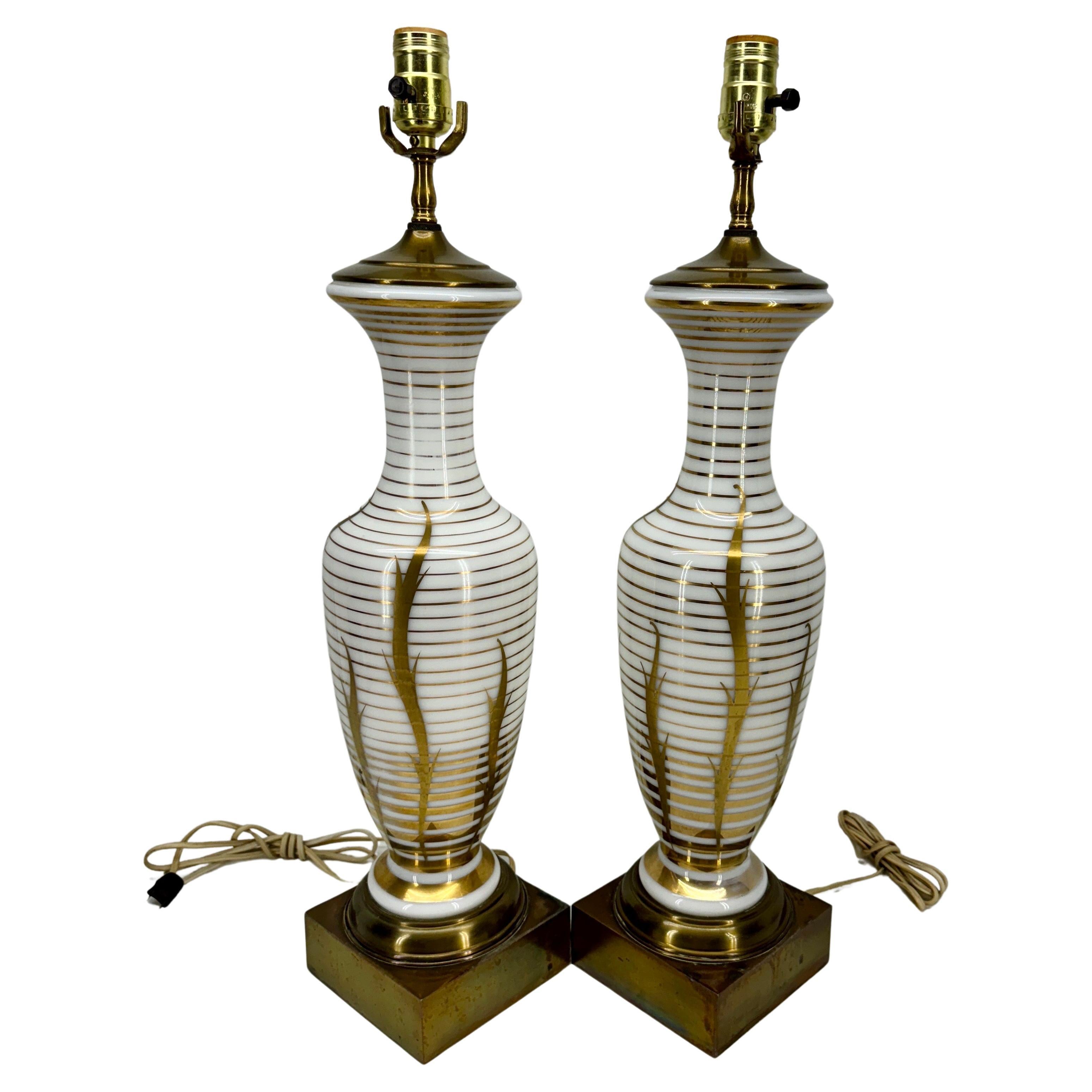 Pair of Mid-Century White Opaline Gold Decorated Table Lamps