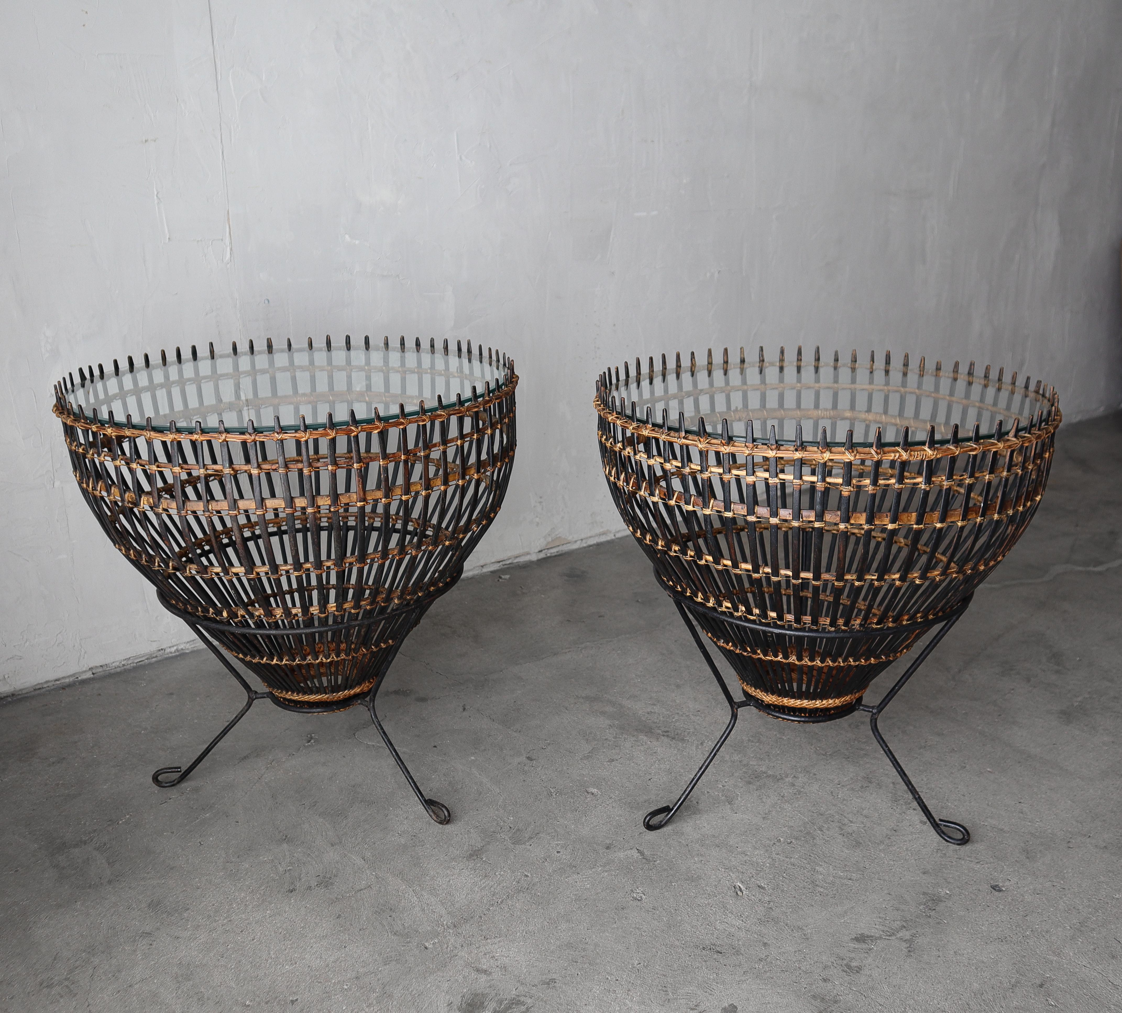 Mid-Century Modern Pair of Mid Century Wicker and Iron Tables by Franco Albini