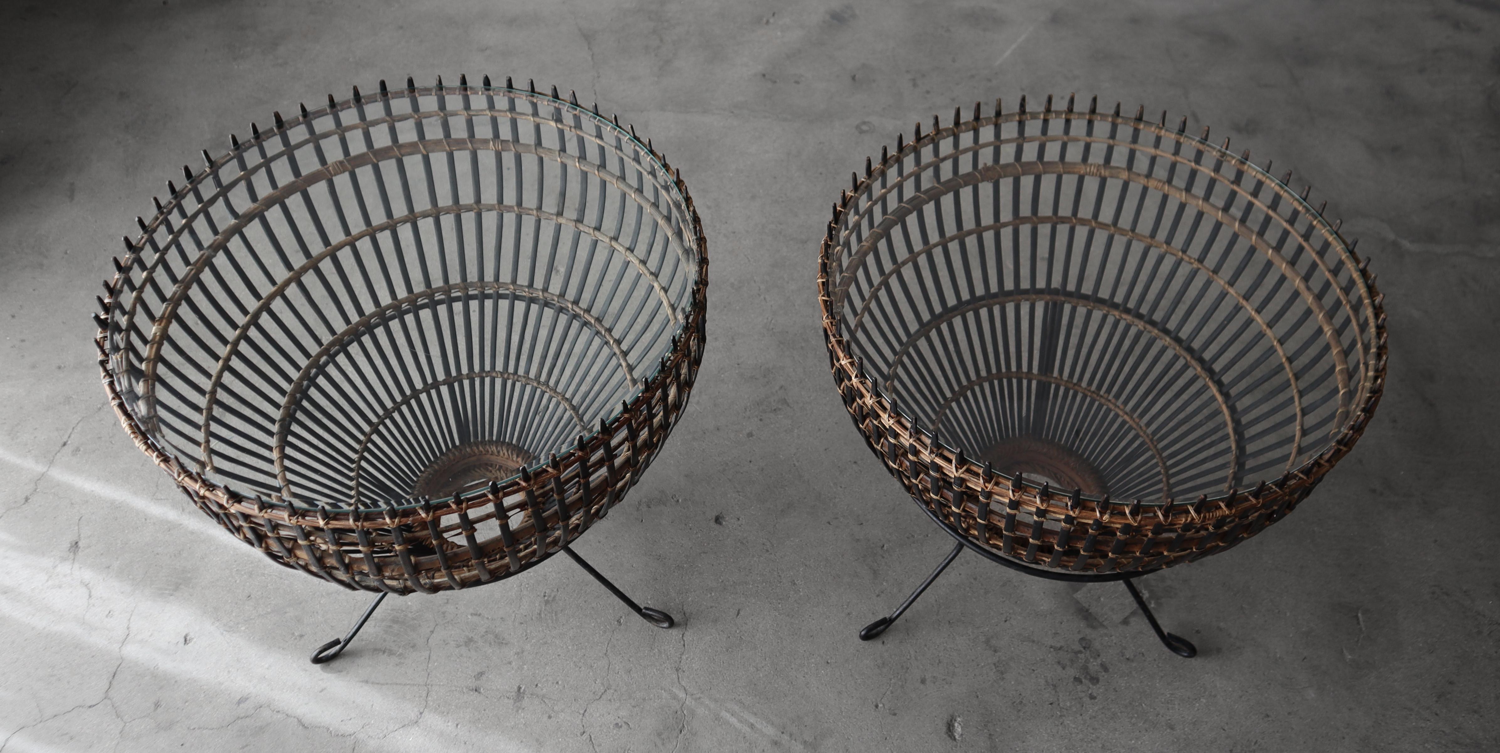 Pair of Mid Century Wicker and Iron Tables by Franco Albini In Good Condition In Las Vegas, NV