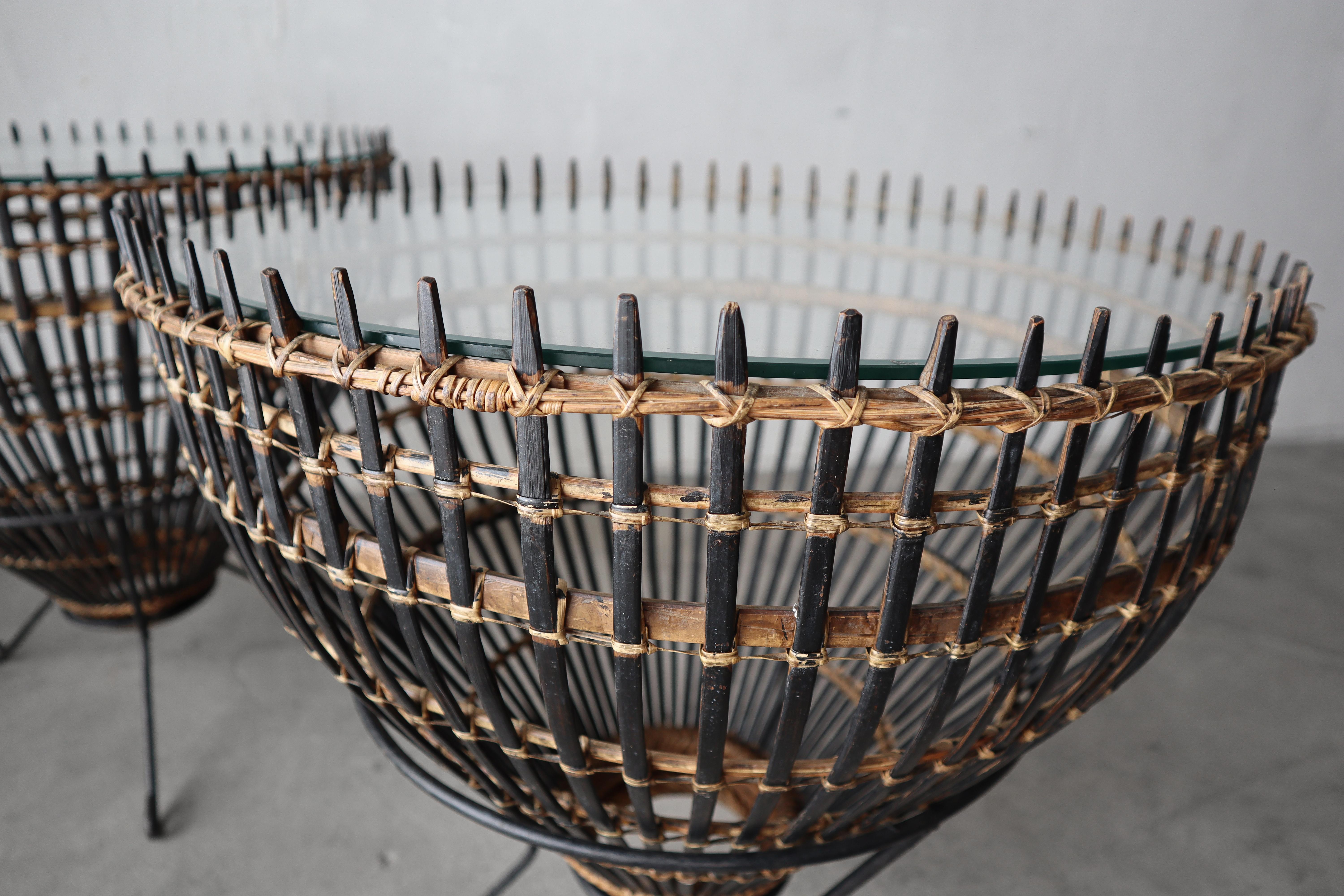 20th Century Pair of Mid Century Wicker and Iron Tables by Franco Albini