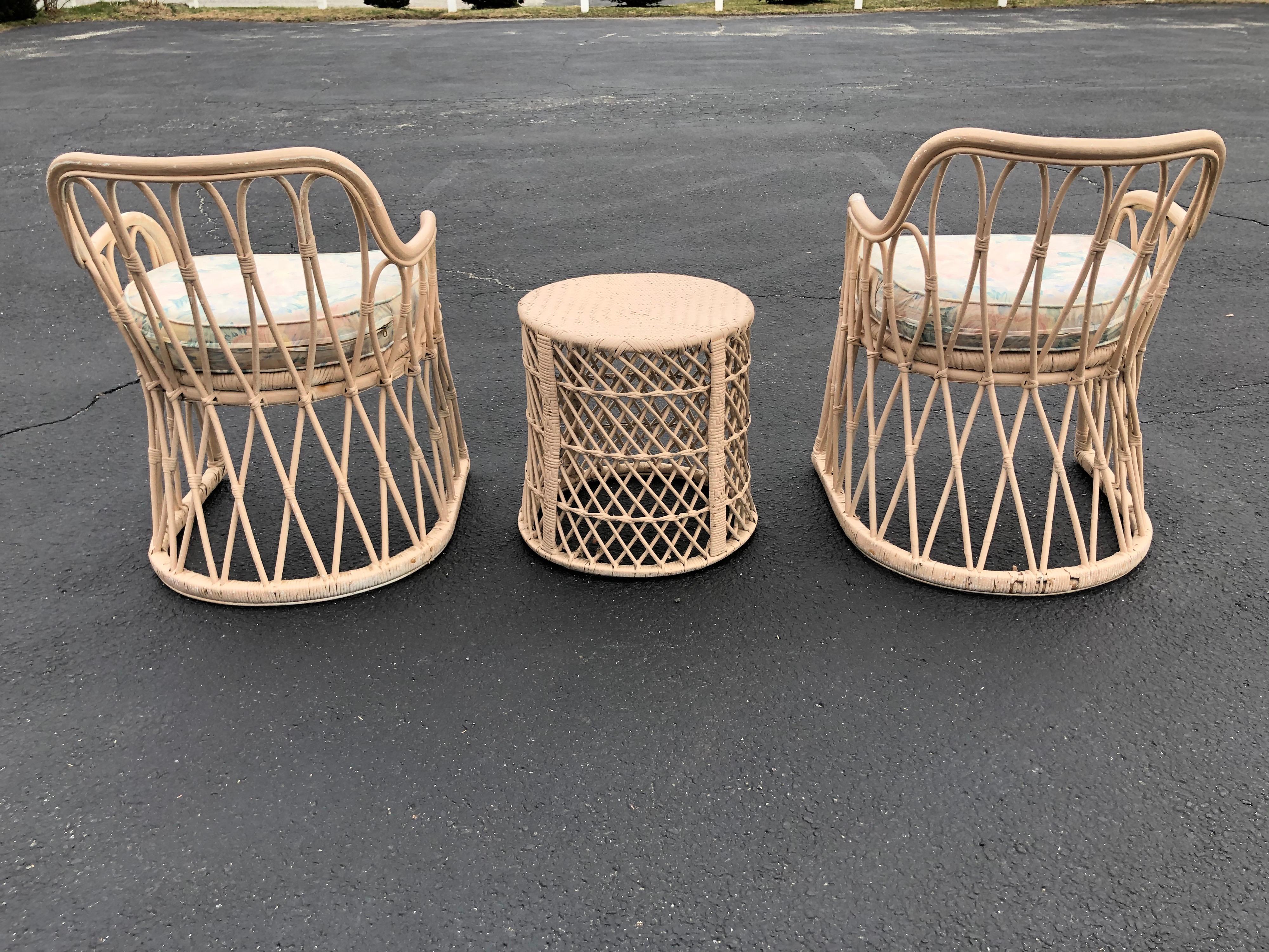 Pair of Mid Century Wicker Chairs with Matching Table 5