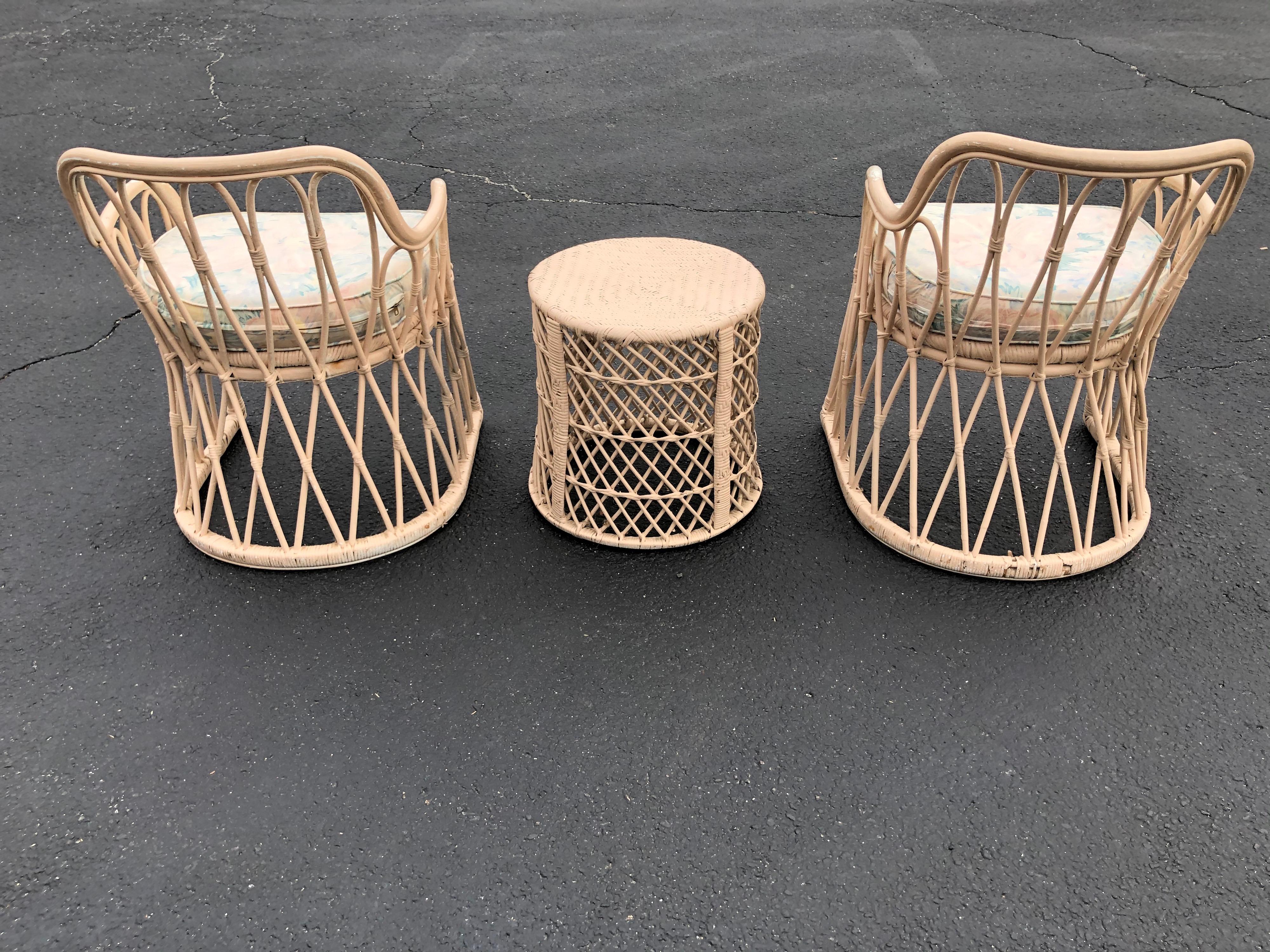 Pair of Mid Century Wicker Chairs with Matching Table 10