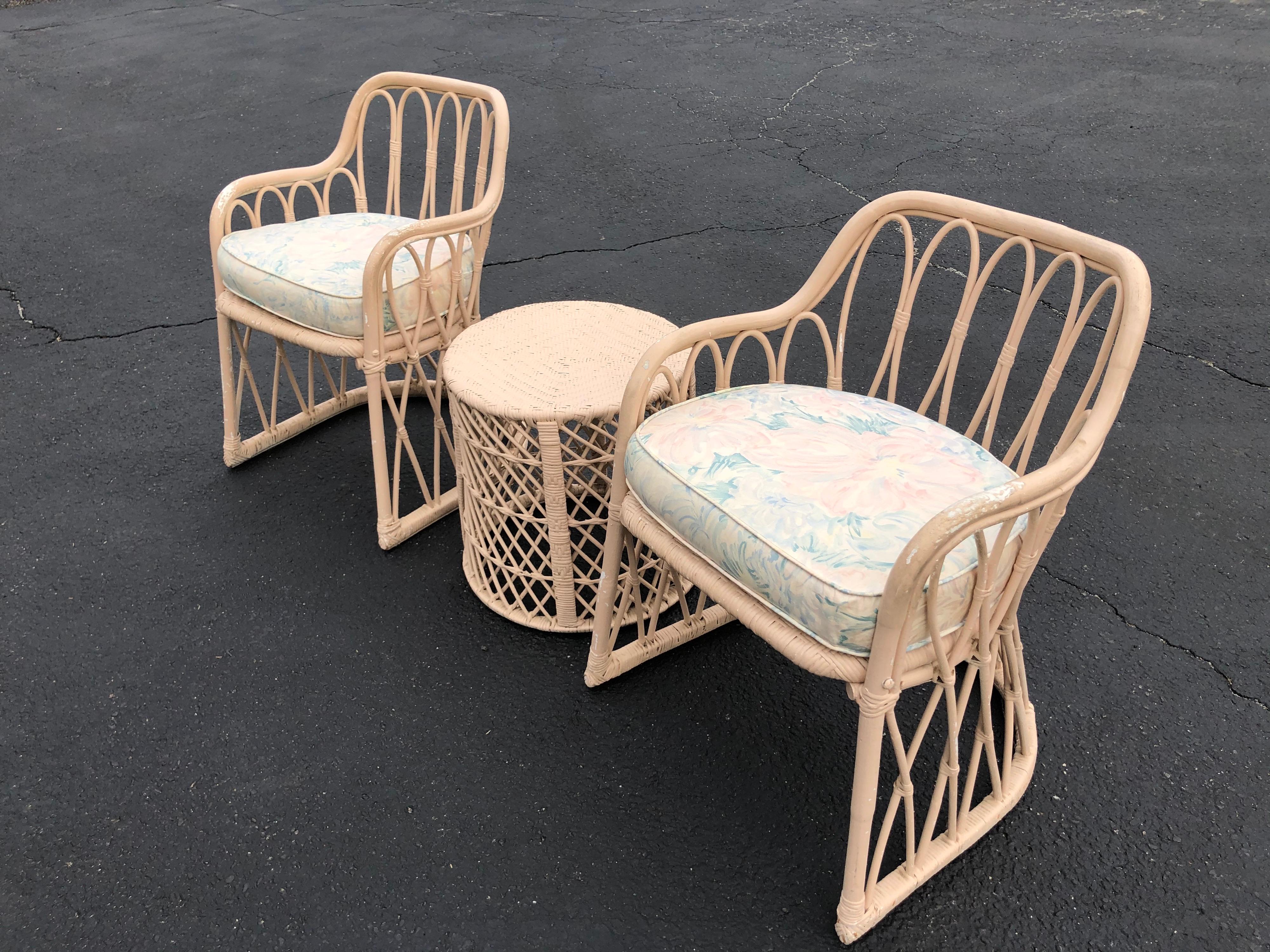 Bohemian Pair of Mid Century Wicker Chairs with Matching Table