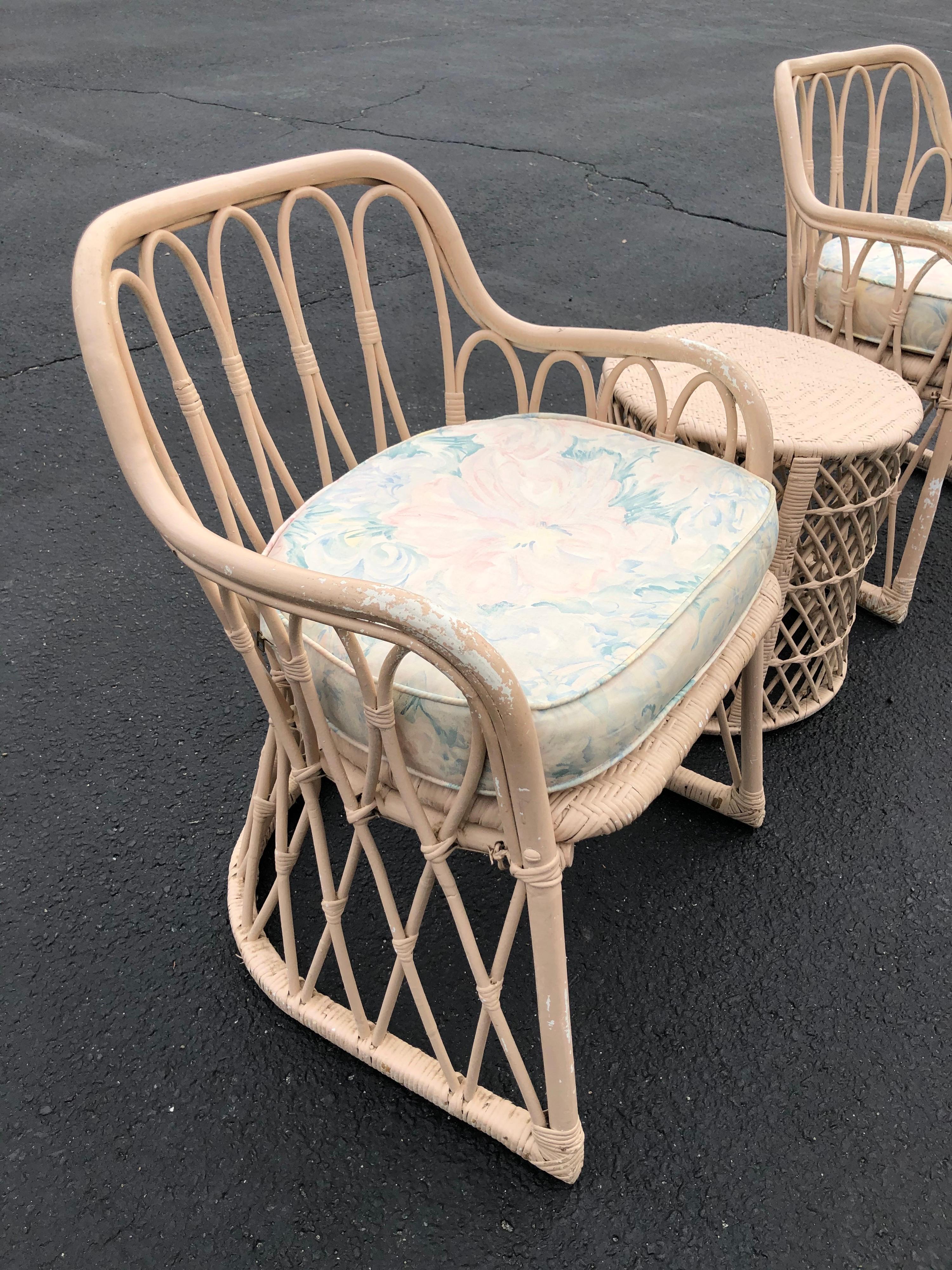 Late 20th Century Pair of Mid Century Wicker Chairs with Matching Table