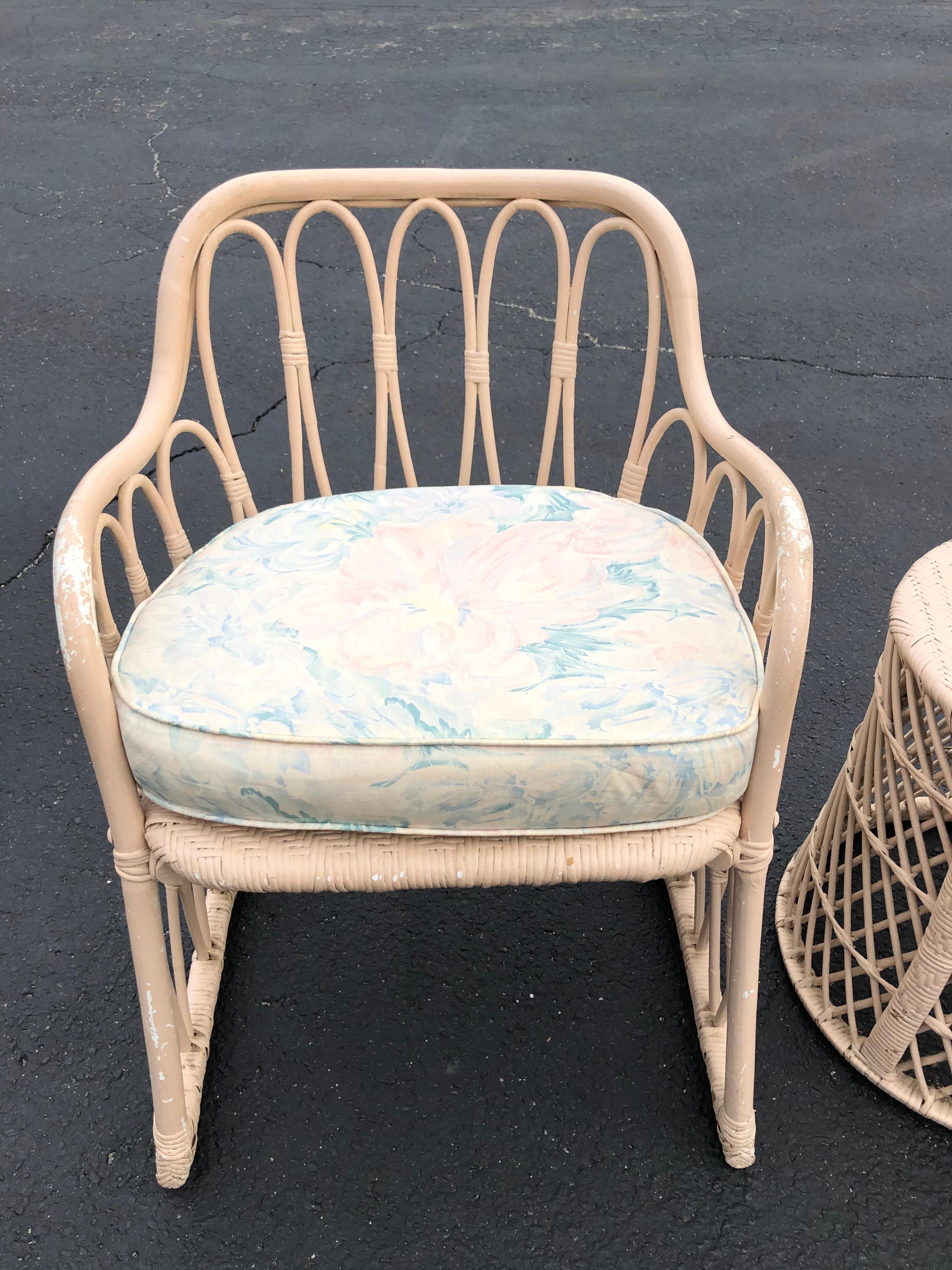 Upholstery Pair of Mid Century Wicker Chairs with Matching Table