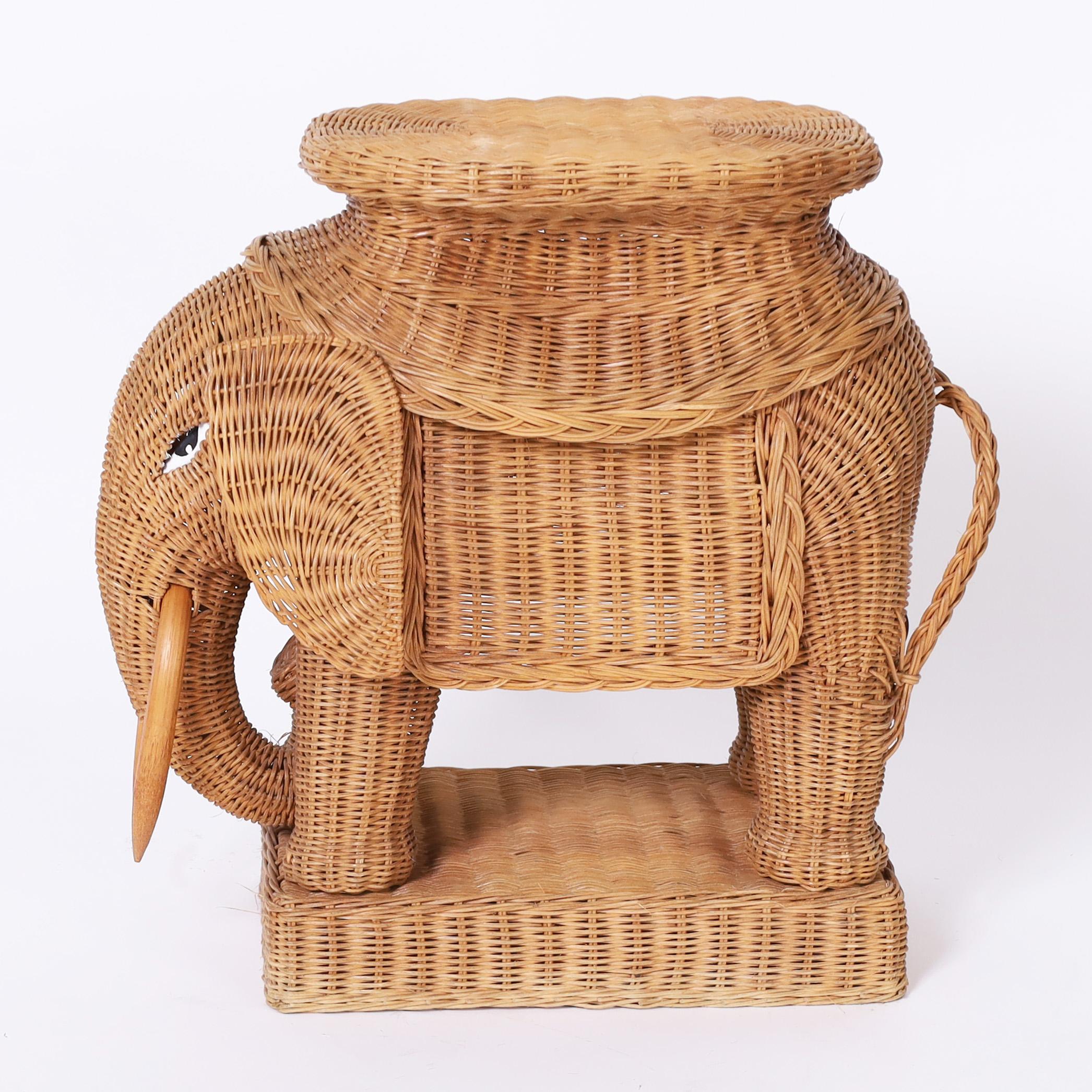Hand-Woven Pair of Mid Century Wicker Elephant Stands For Sale