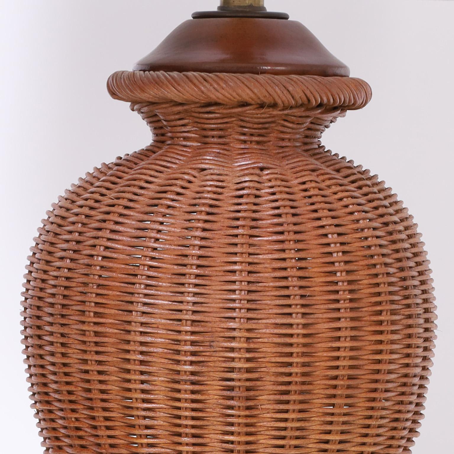 American  Pair of Mid Century Wicker Table Lamps For Sale