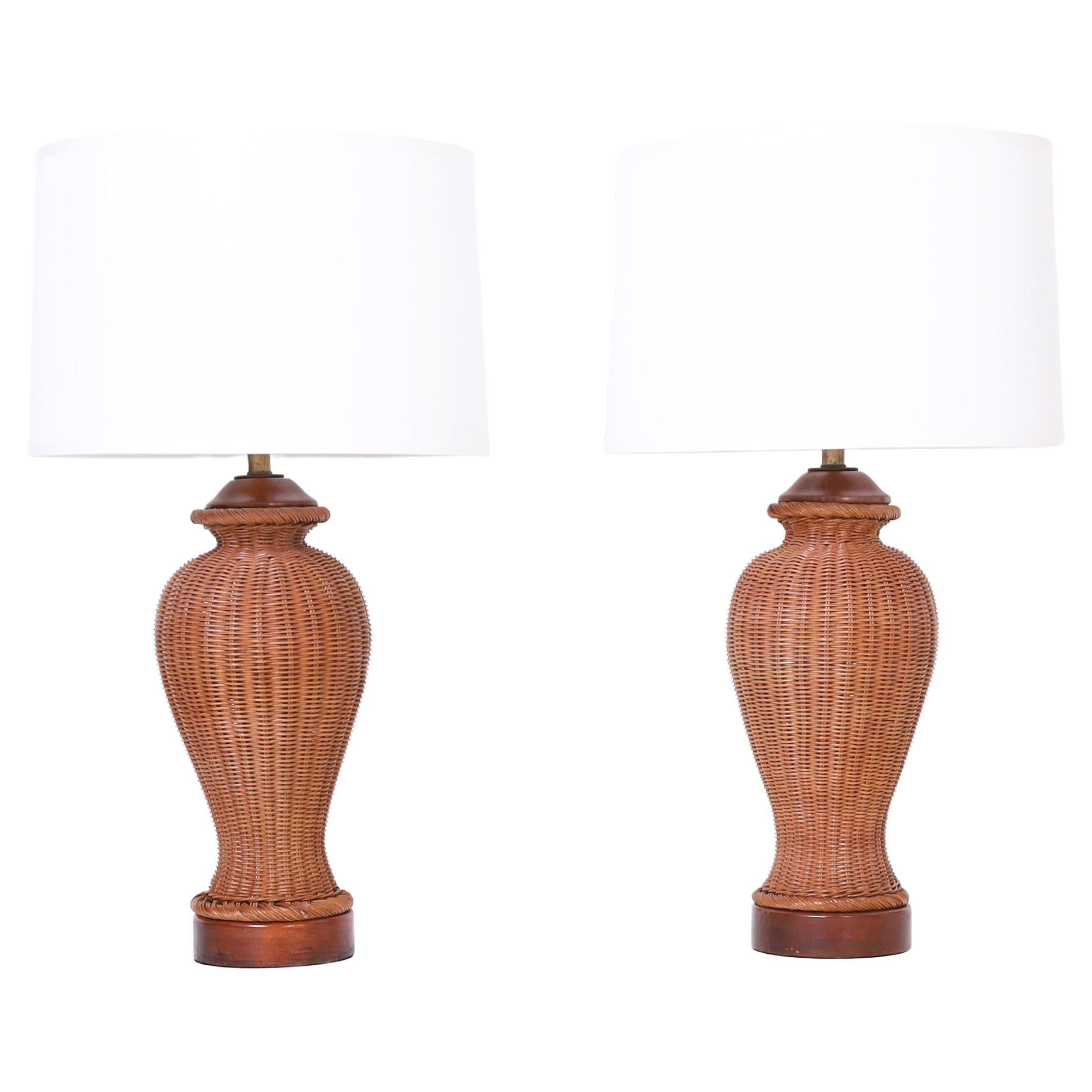  Pair of Mid Century Wicker Table Lamps For Sale