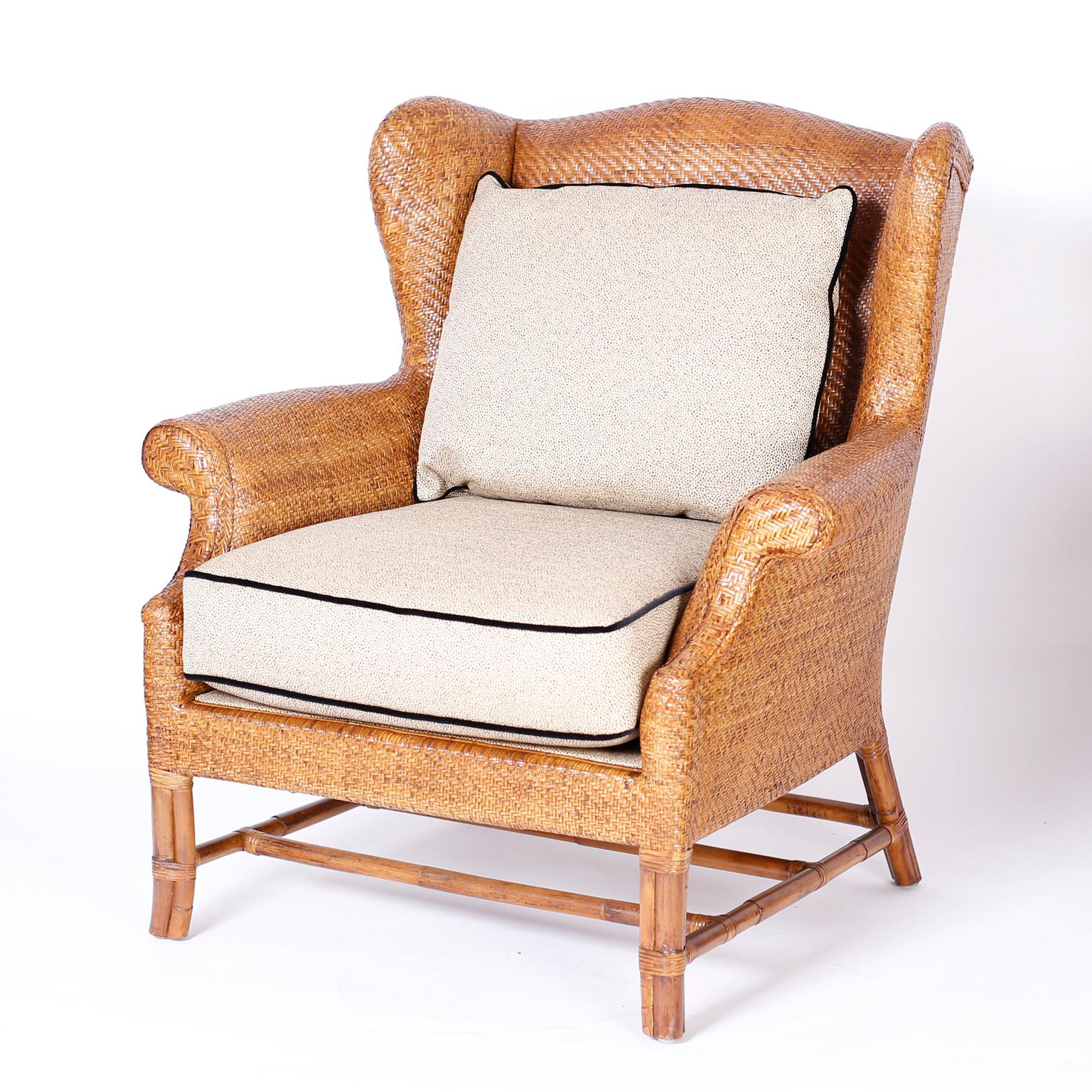 British Colonial Pair of Midcentury Wicker Wingback Armchairs by Baker