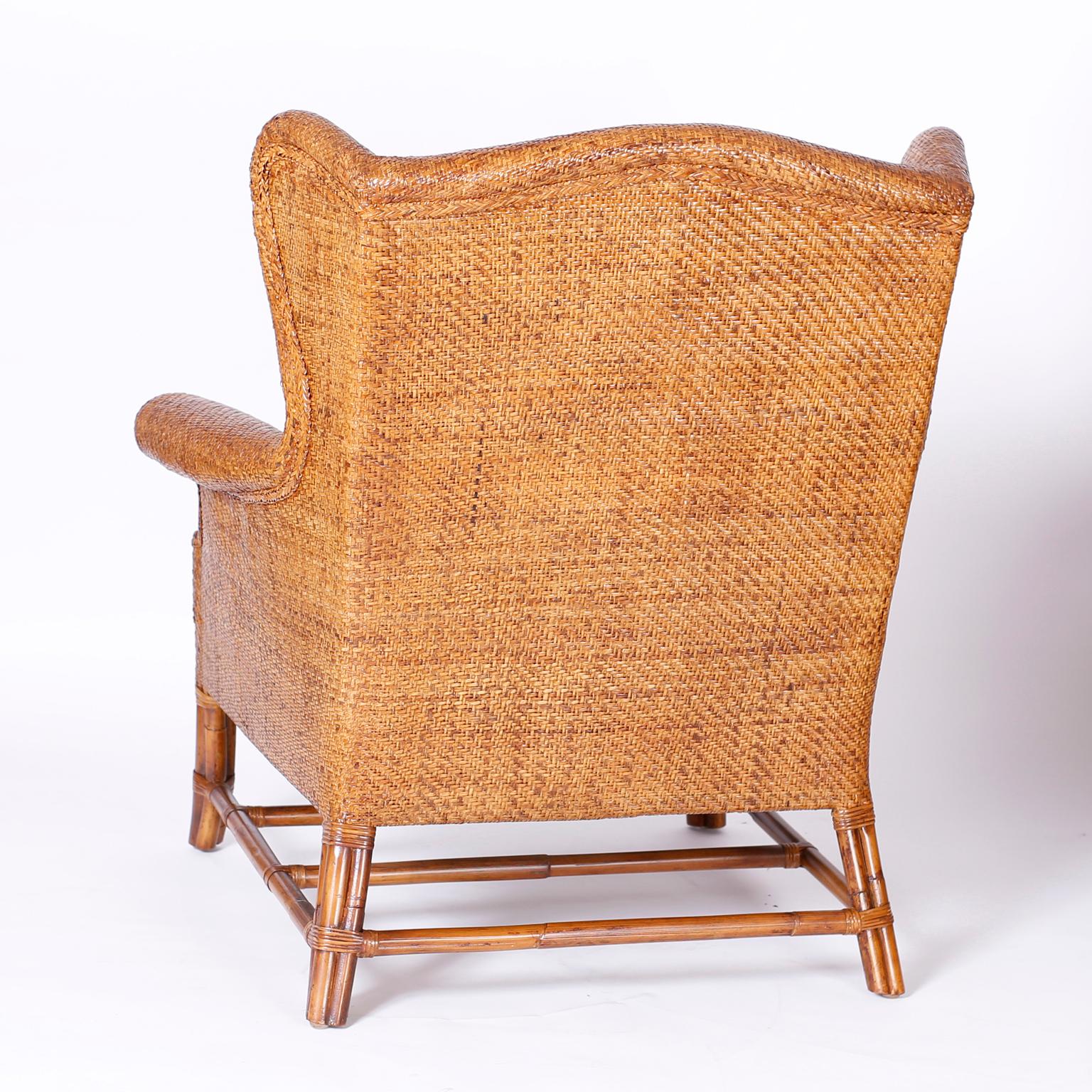 Philippine Pair of Midcentury Wicker Wingback Armchairs by Baker