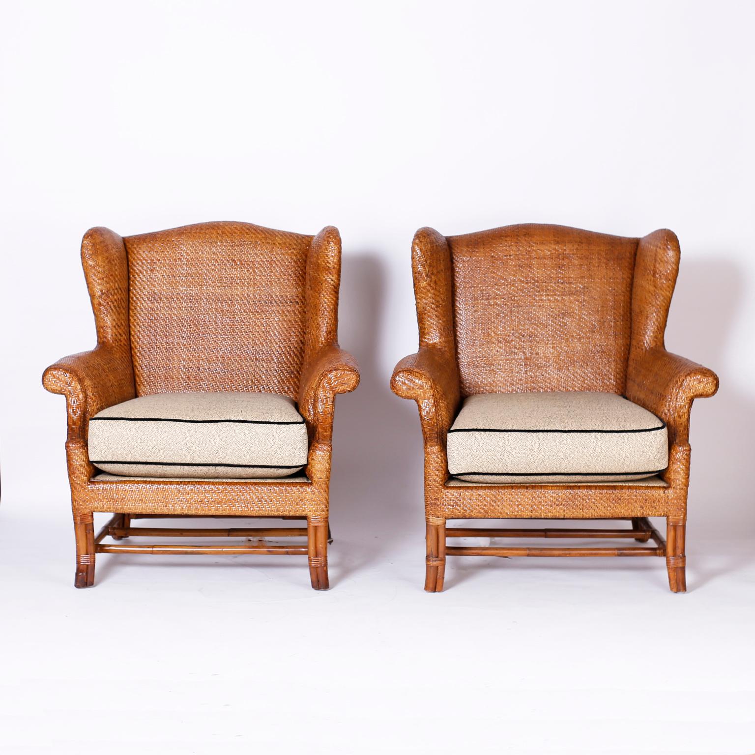 Pair of Midcentury Wicker Wingback Armchairs by Baker 2