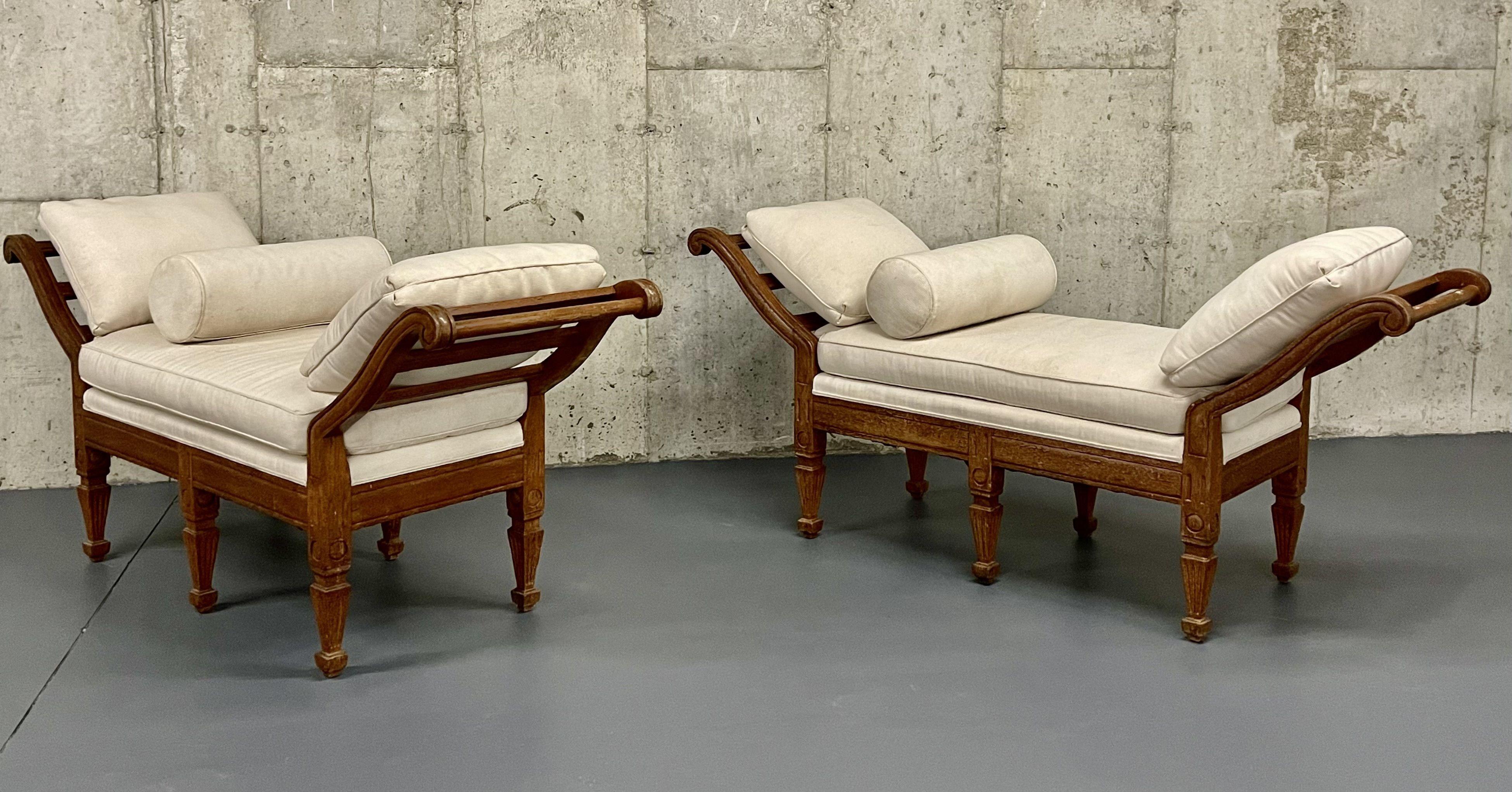 Louis XVI Pair of Mid Century Window Benches, Daybeds, Custom Upholstery, Pillows For Sale