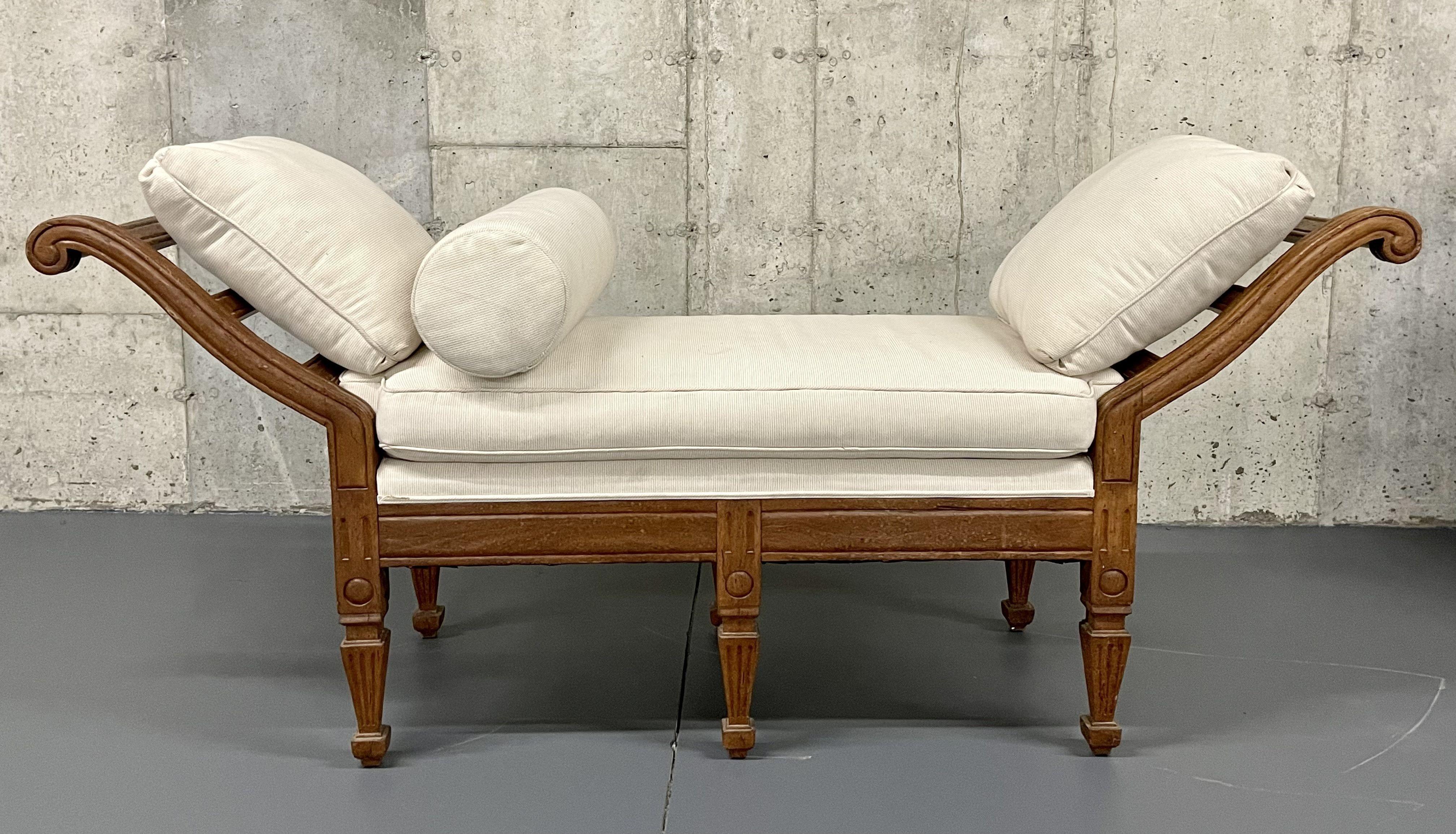 Wood Pair of Mid Century Window Benches, Daybeds, Custom Upholstery, Pillows For Sale