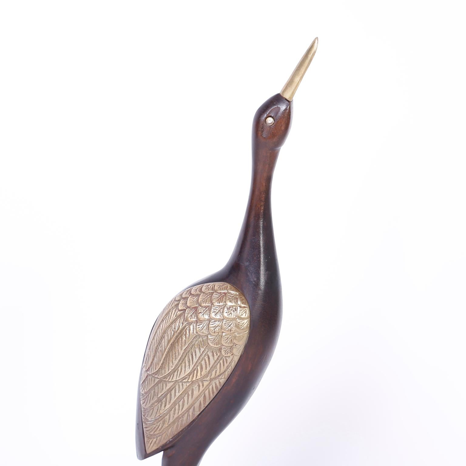Pair of Midcentury Wood and Brass Birds or Storks In Good Condition In Palm Beach, FL
