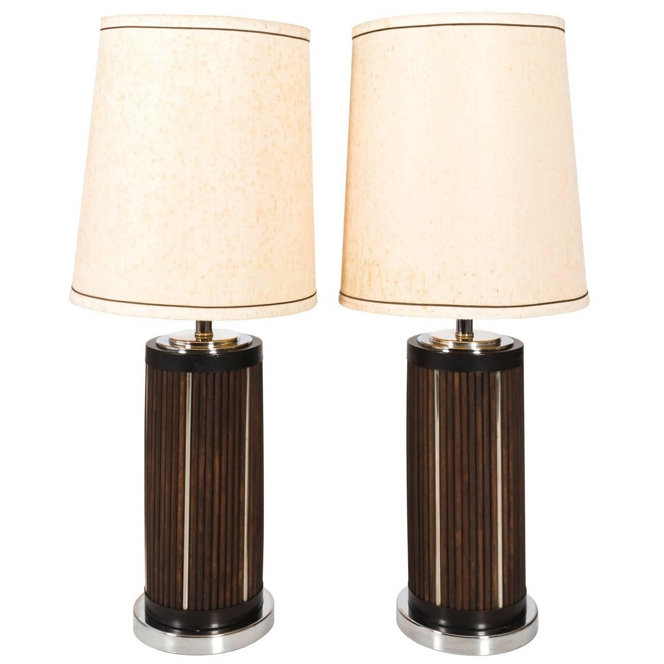 Pair of Midcentury Wood and Chrome Lamps For Sale