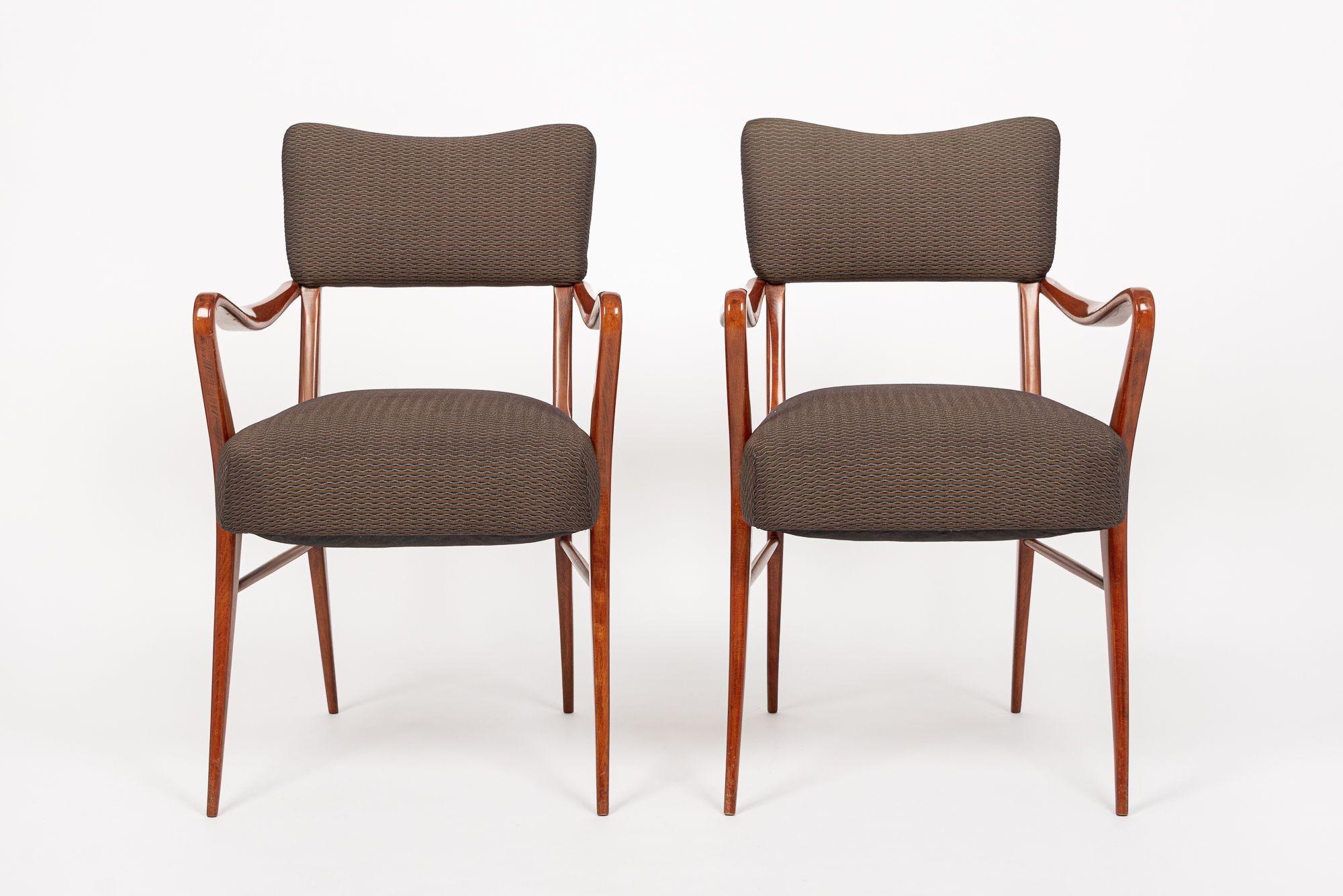 Mid-Century Modern Pair of Mid Century Wood & Brown Upholstered Arm Chairs 1950s For Sale
