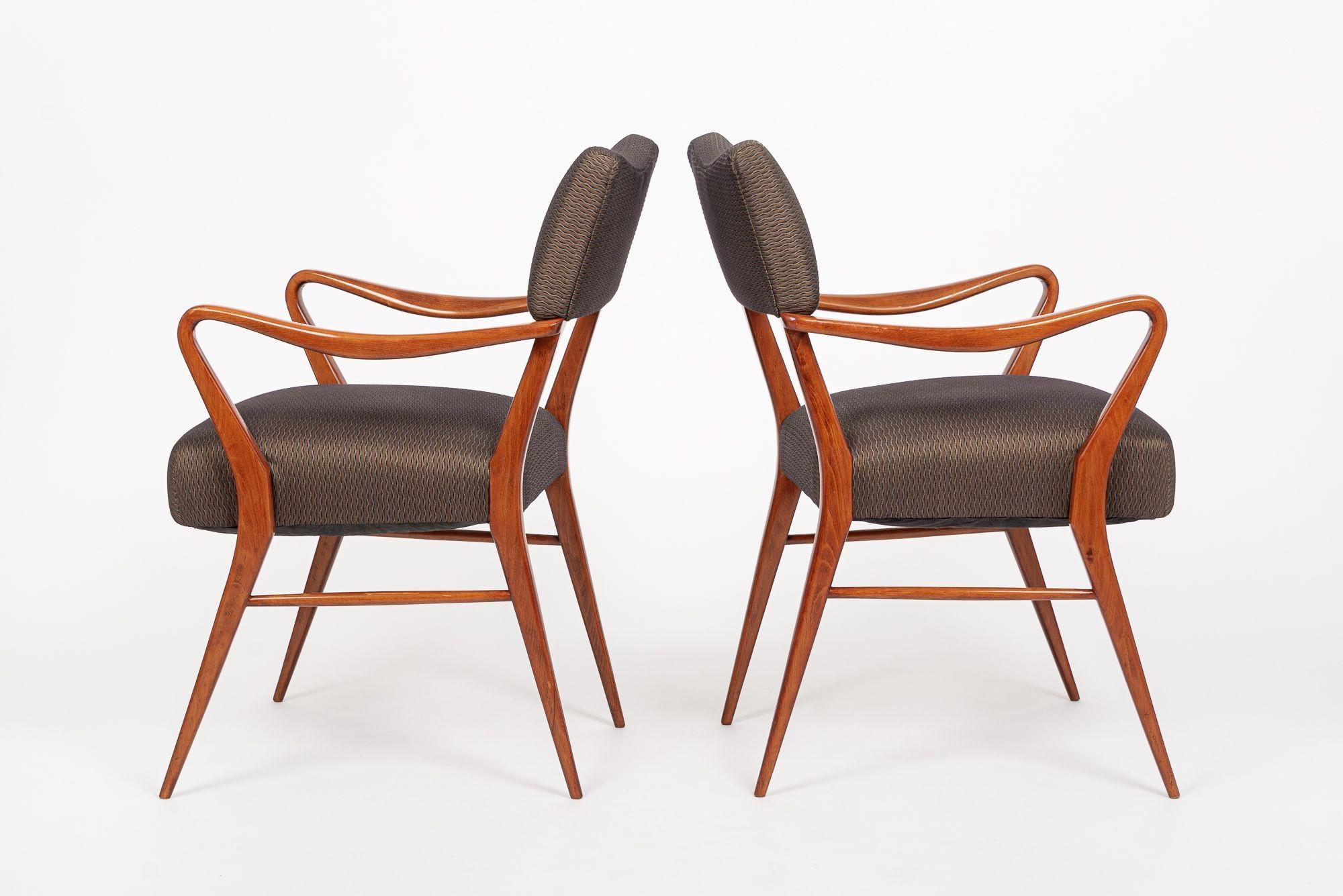 Pair of Mid Century Wood & Brown Upholstered Arm Chairs 1950s In Good Condition In Detroit, MI