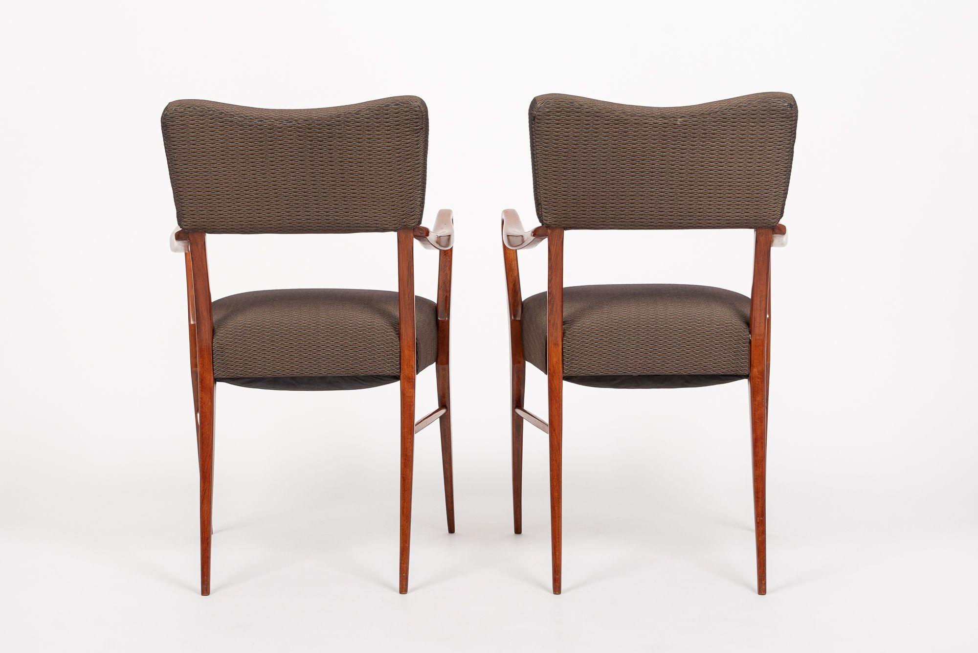 Upholstery Pair of Mid Century Wood & Brown Upholstered Arm Chairs 1950s