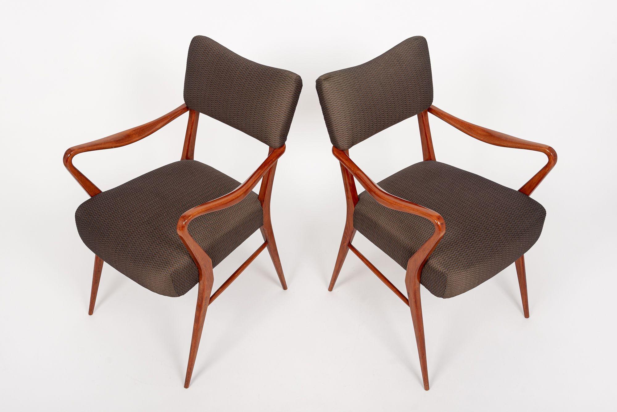Pair of Mid Century Wood & Brown Upholstered Arm Chairs 1950s For Sale 1
