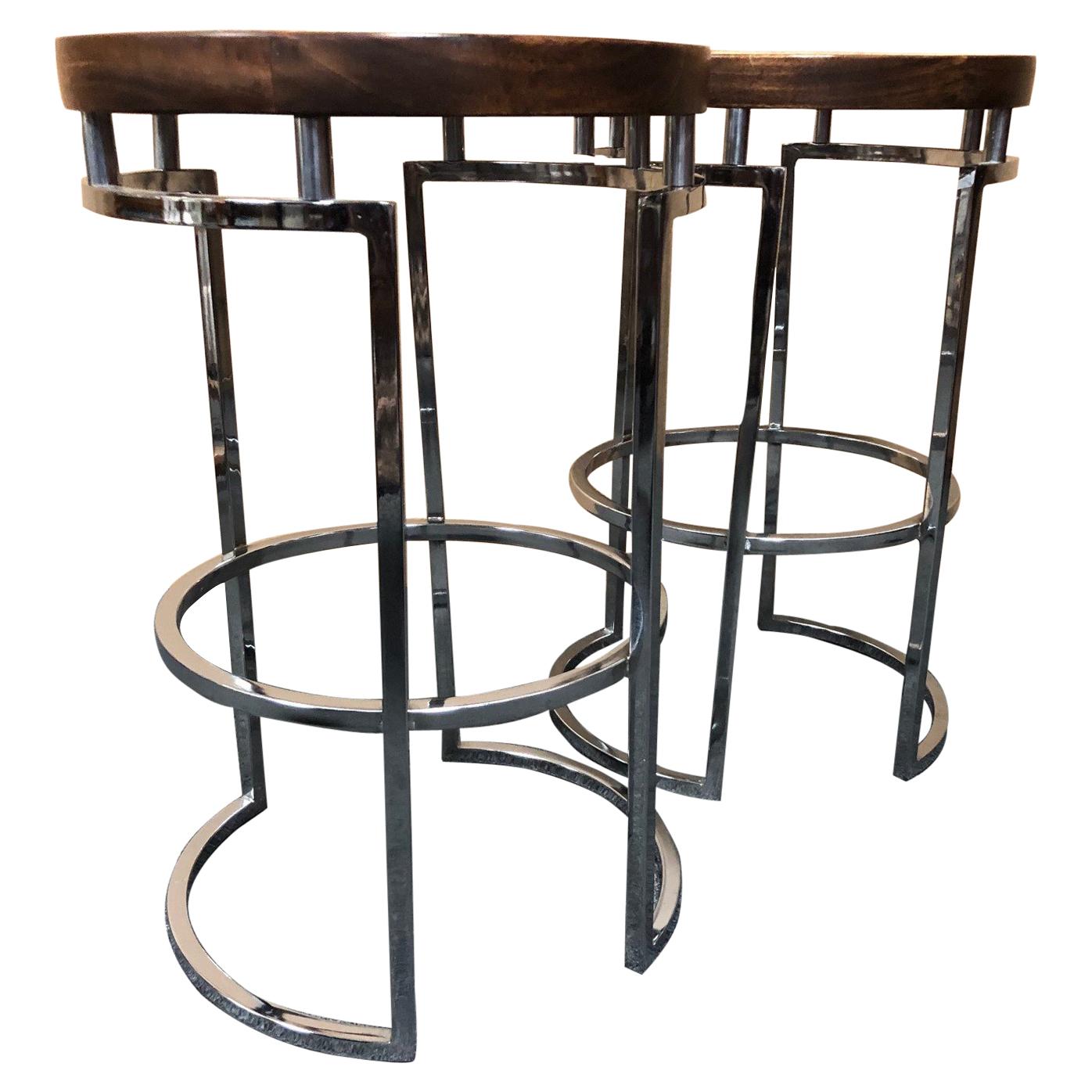 Pair of Mid Century Wood, Chrome & Cane Counter / Bar Stools