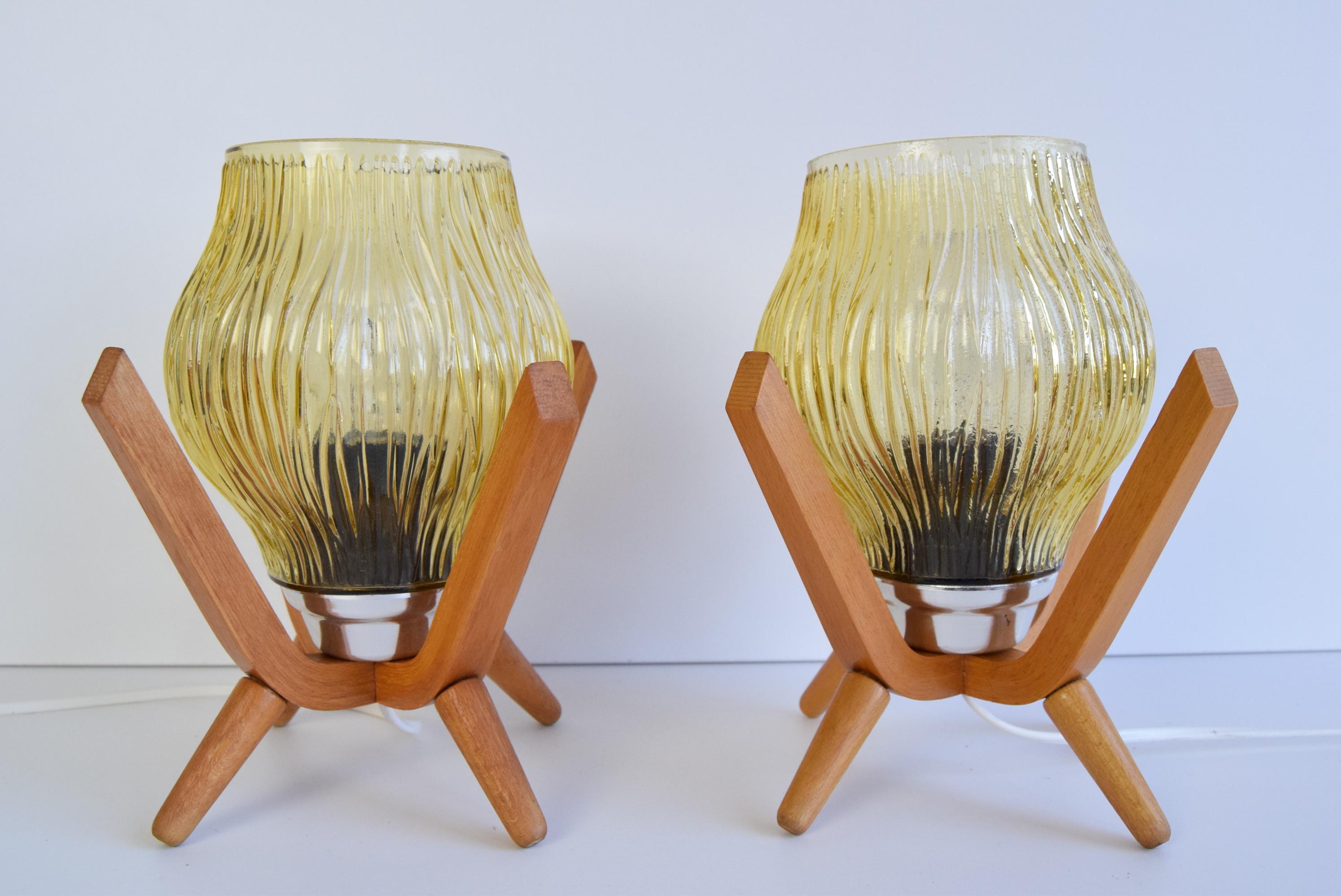 Czech Pair of mid-century Wooden Design Table Lamps, by Dřevo Humpolec, 1970's.  For Sale