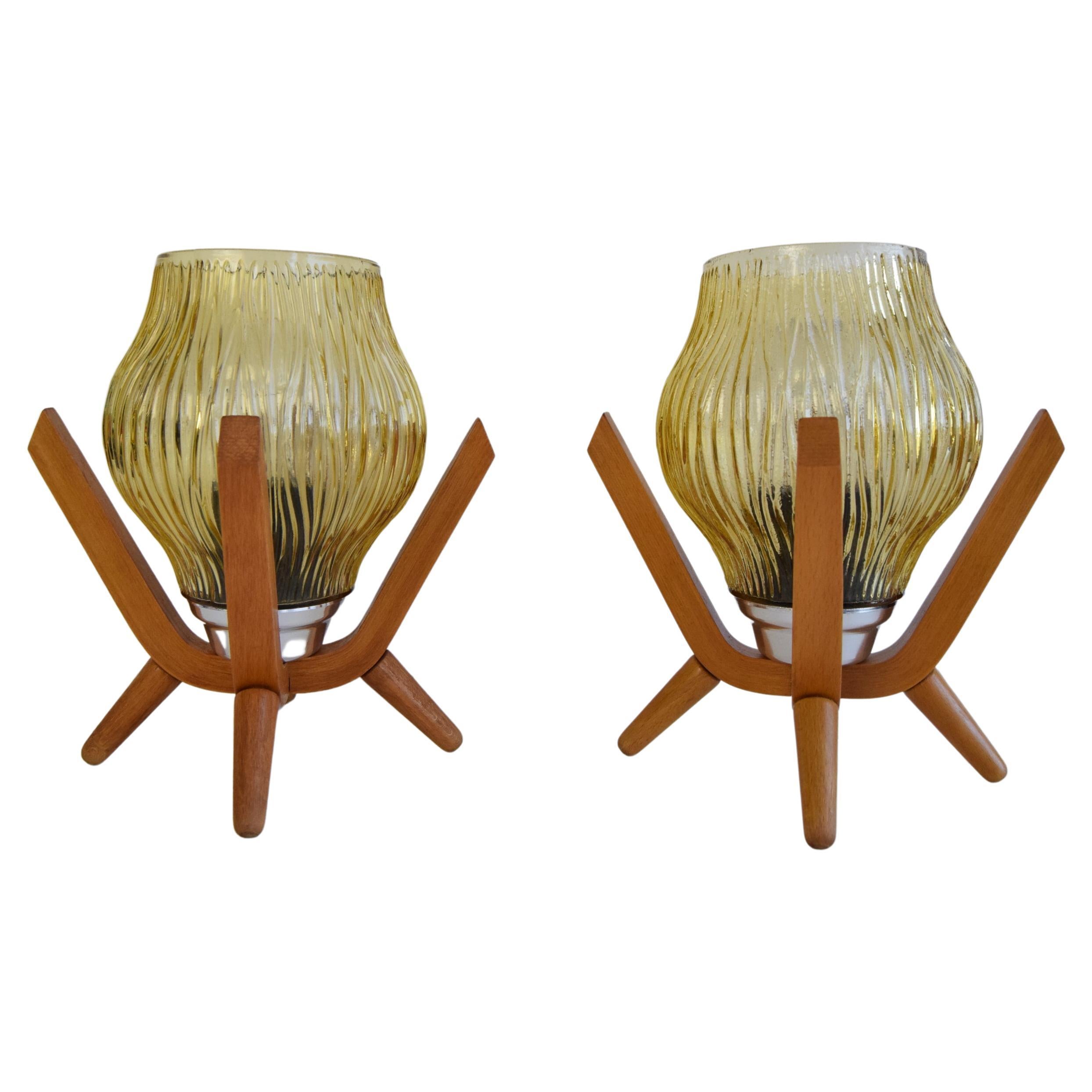 Pair of mid-century Wooden Design Table Lamps, by Dřevo Humpolec, 1970's.  For Sale