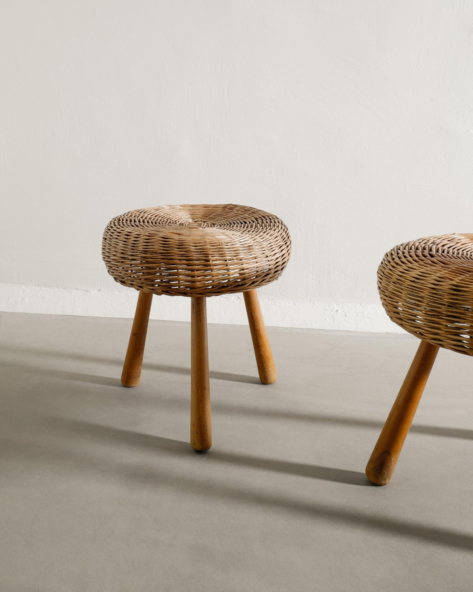 Mid-Century Modern Pair of Mid Century Wooden & Wicker Rattan Stools in style of Tony Paul, 1960s  For Sale