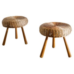 Retro Pair of Mid Century Wooden & Wicker Rattan Stools in style of Tony Paul, 1960s 