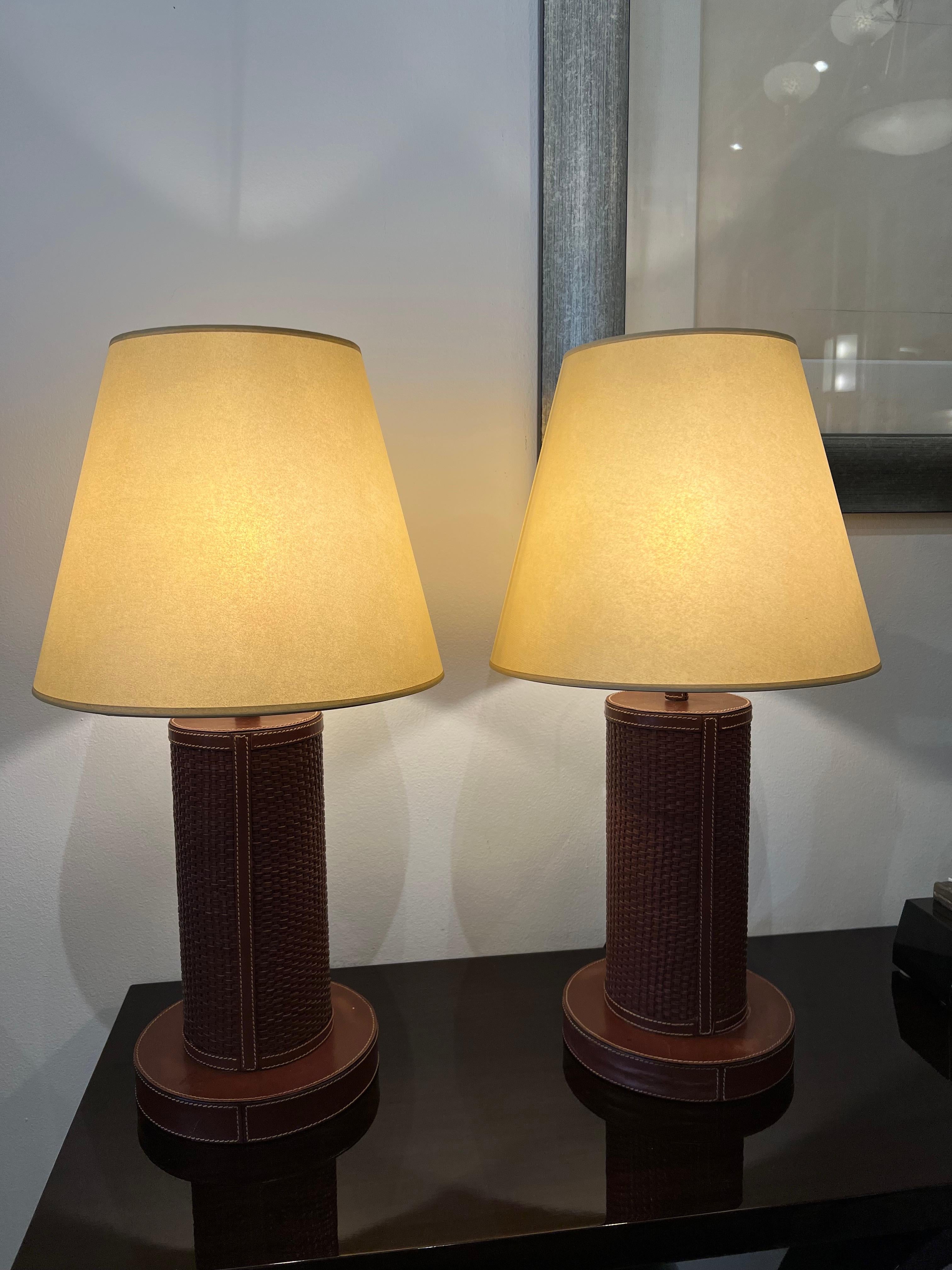 French Mid-Century Pair of Woven Leather Table Lamps
