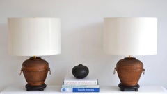 Pair of Midcentury Woven Reed Basket Form Table Lamps