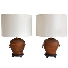 Retro Pair of Midcentury Woven Reed Basket Form Table Lamps