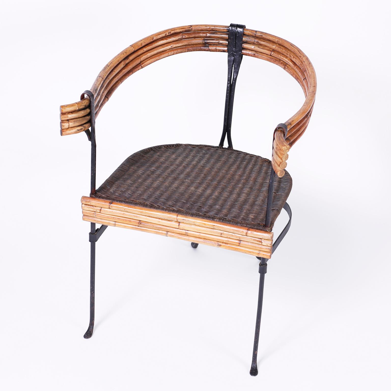 Hand-Crafted Pair of Midcentury Wrought Iron and Bamboo Armchairs