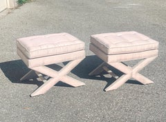 Pair of Mid-Century X-Base Ottomans in Raw Silk Plaid Upholstery, 1970s Montreal