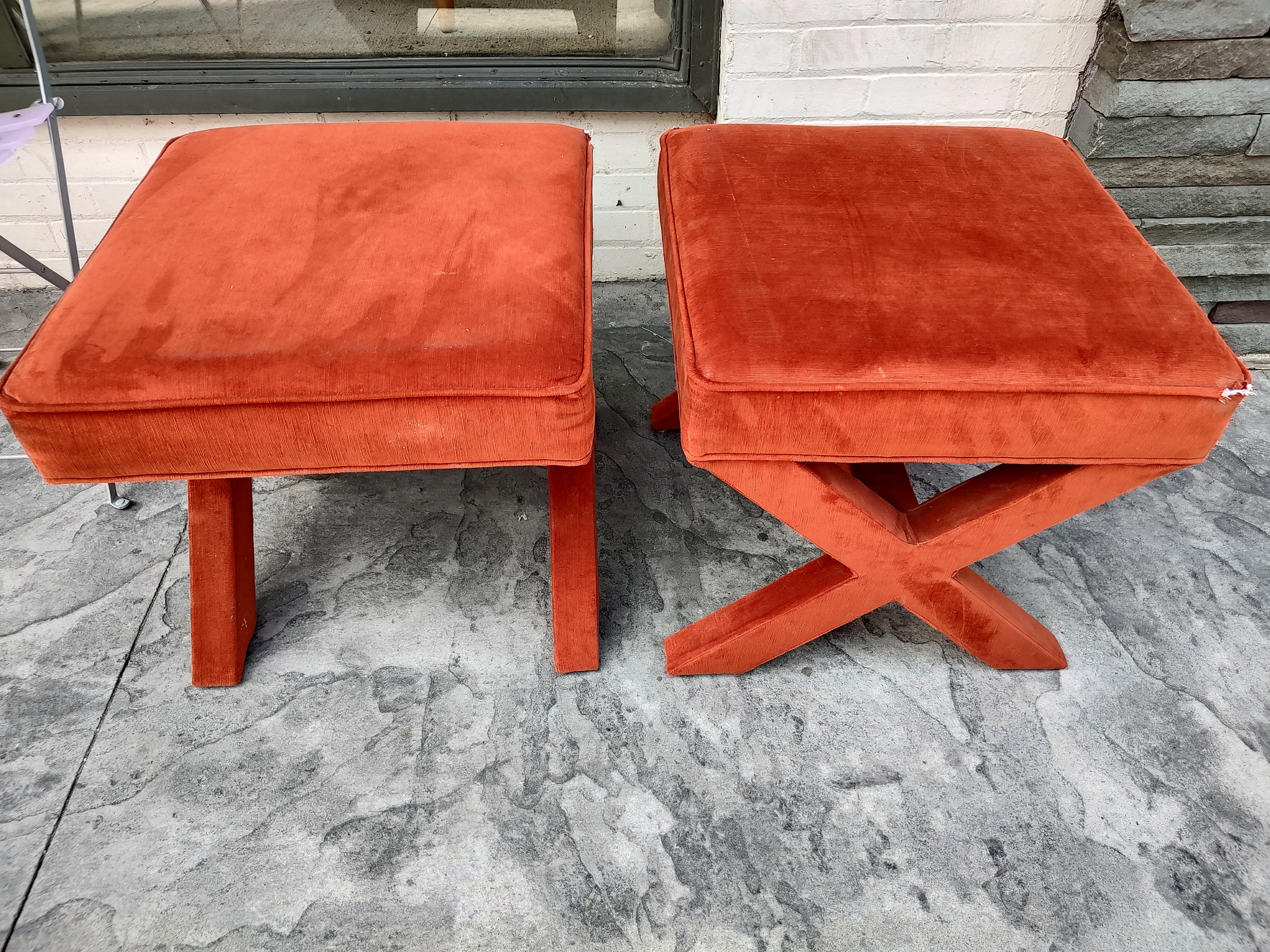 Pair of Mid Century X Stretcher Ottomans or Footstools 2
