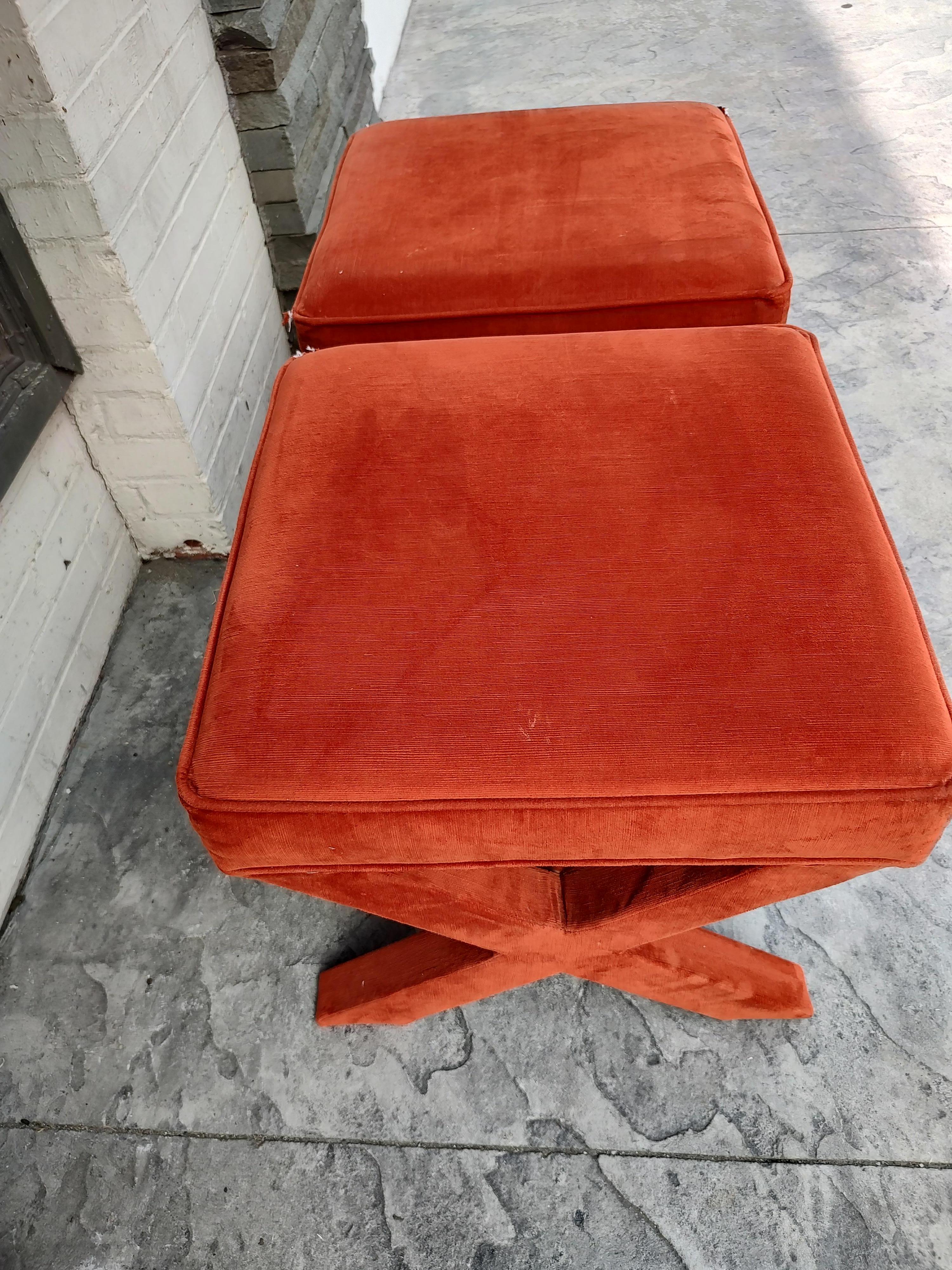 Fabric Pair of Mid Century X Stretcher Ottomans or Footstools