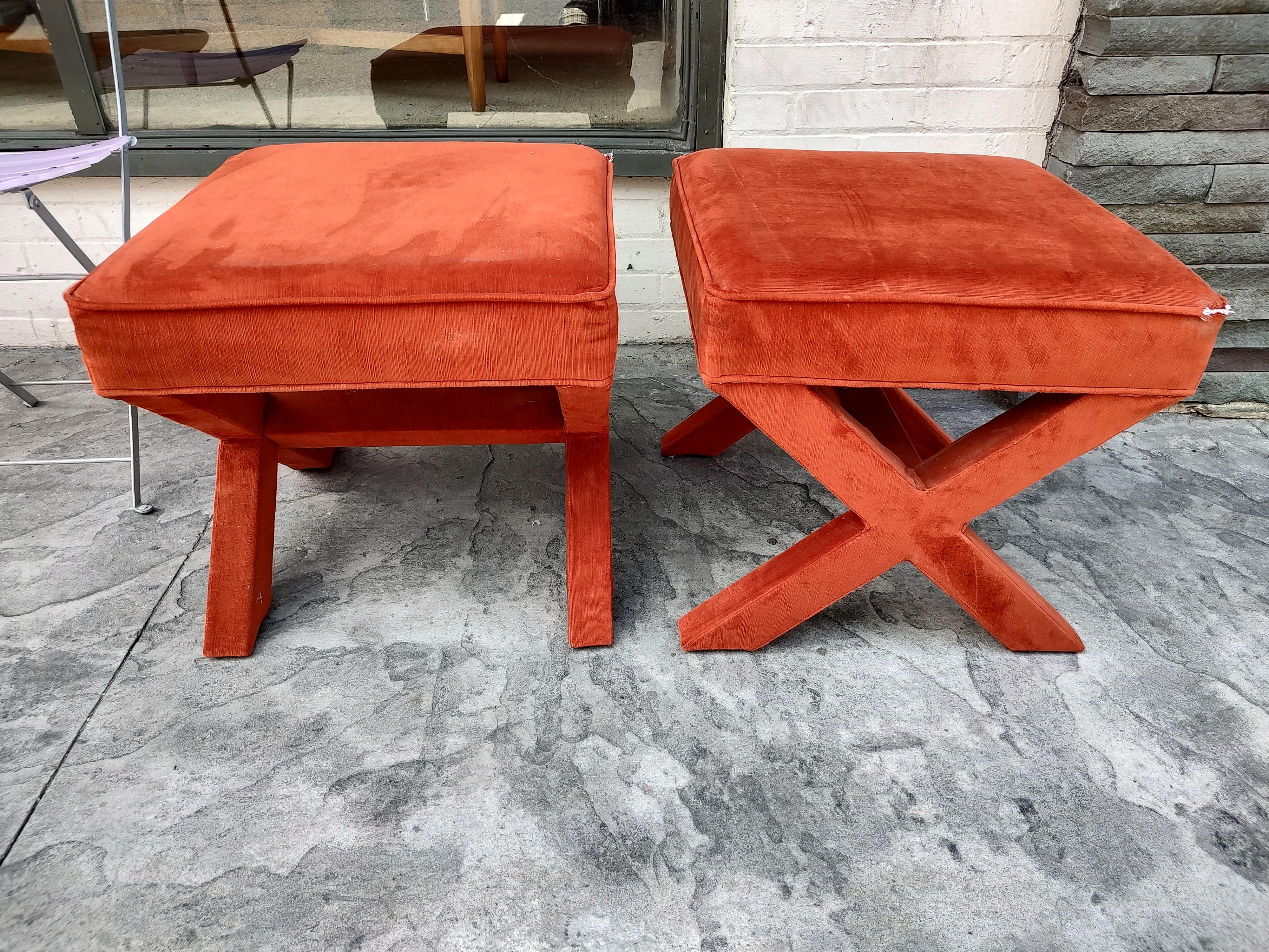 Pair of Mid Century X Stretcher Ottomans or Footstools 1
