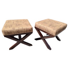 Pair of Mid Century X Stretcher Ottomans or Footstools