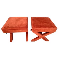 Pair of Mid Century X Stretcher Ottomans or Footstools