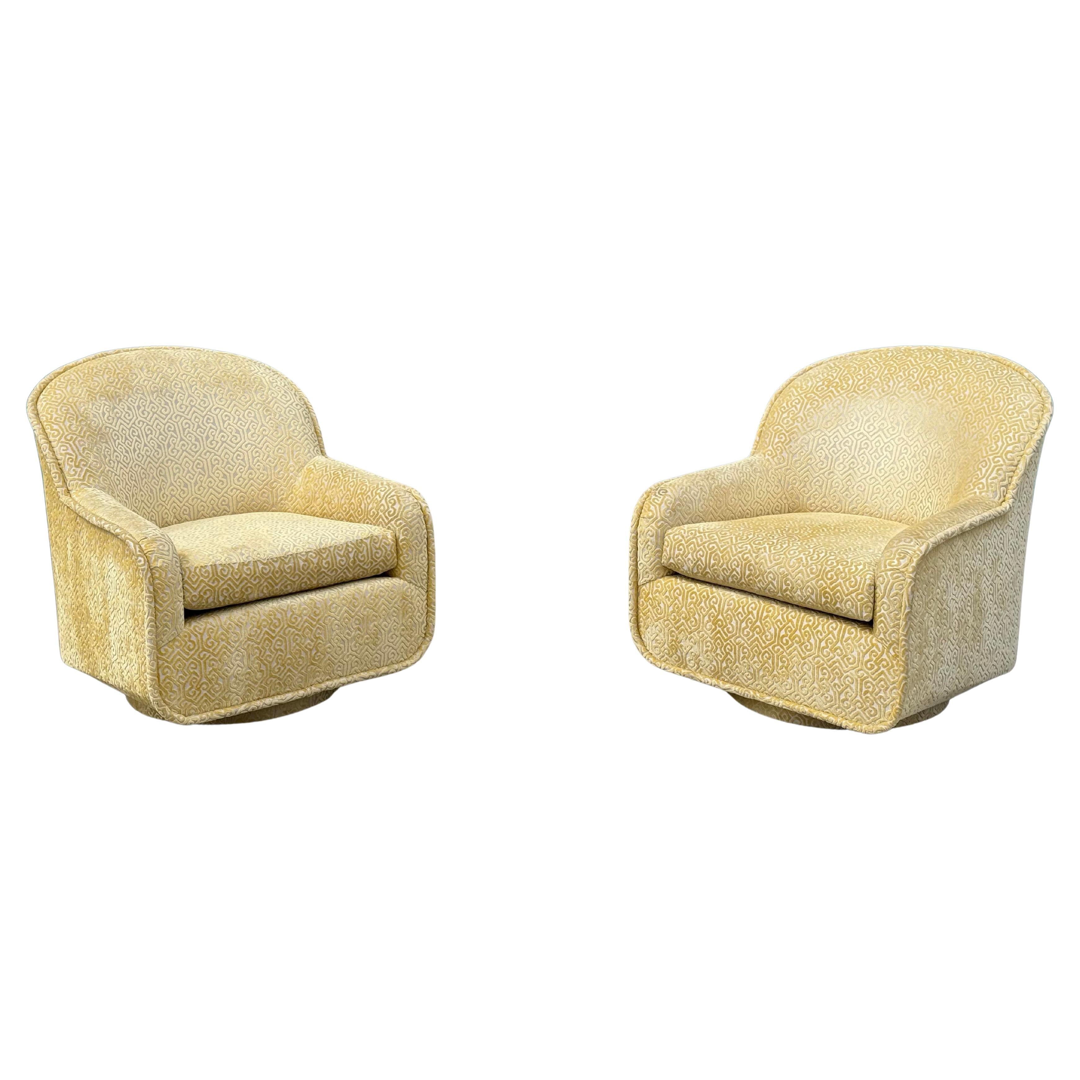 Mid-Century Modern Pair of Mid-Century Yellow Crushed Swivel Chairs - Circa 1960s