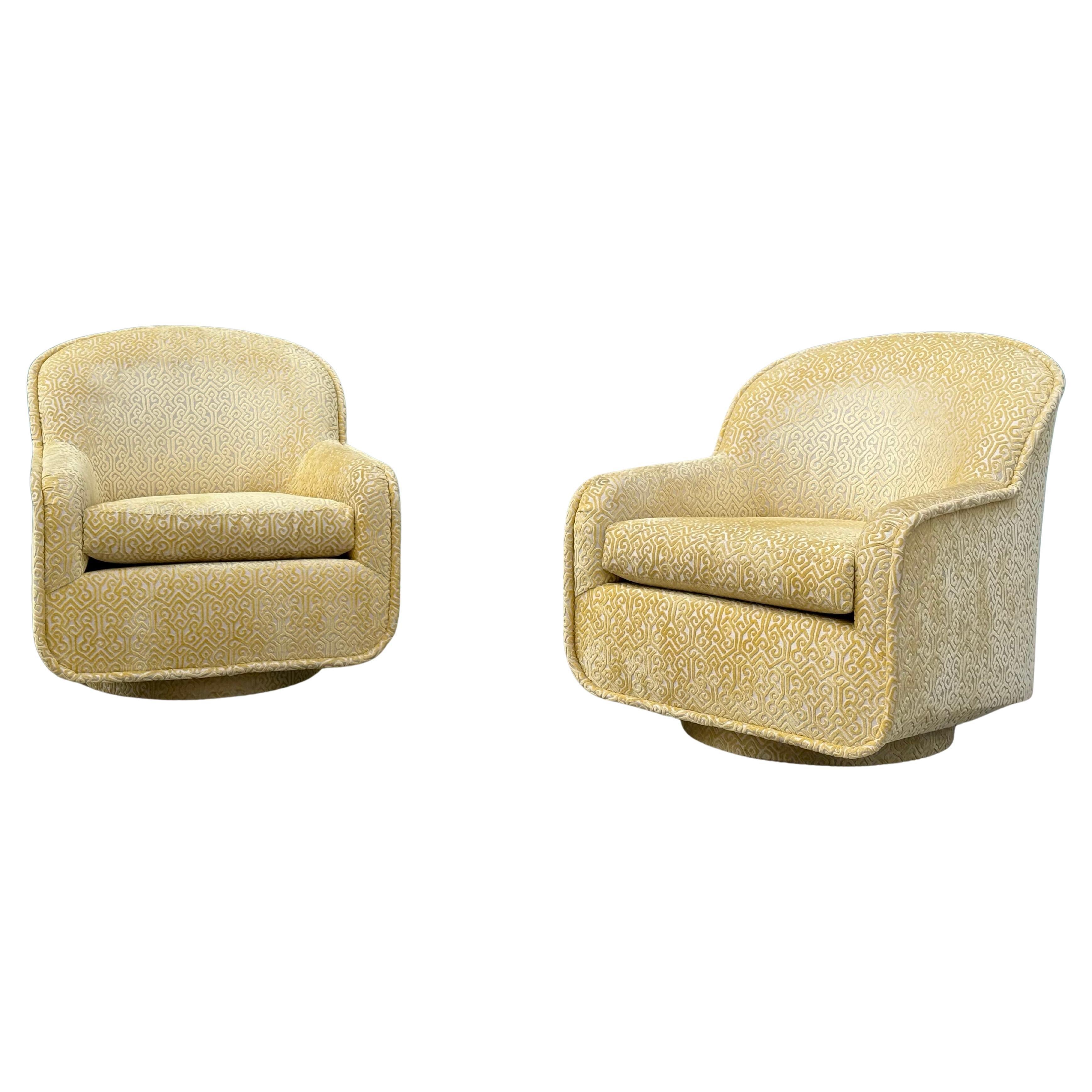 Mid-20th Century Pair of Mid-Century Yellow Crushed Swivel Chairs - Circa 1960s